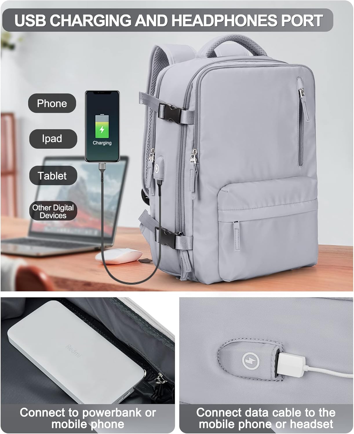 VGCUB Large Travel Backpack Bag for Women Men,Carry on Backpack,17 Inch Laptop Business Work Waterproof Backpack with Laptop Compartment,Person Item Flight Approved,Mochila de Viaje,Grey Large