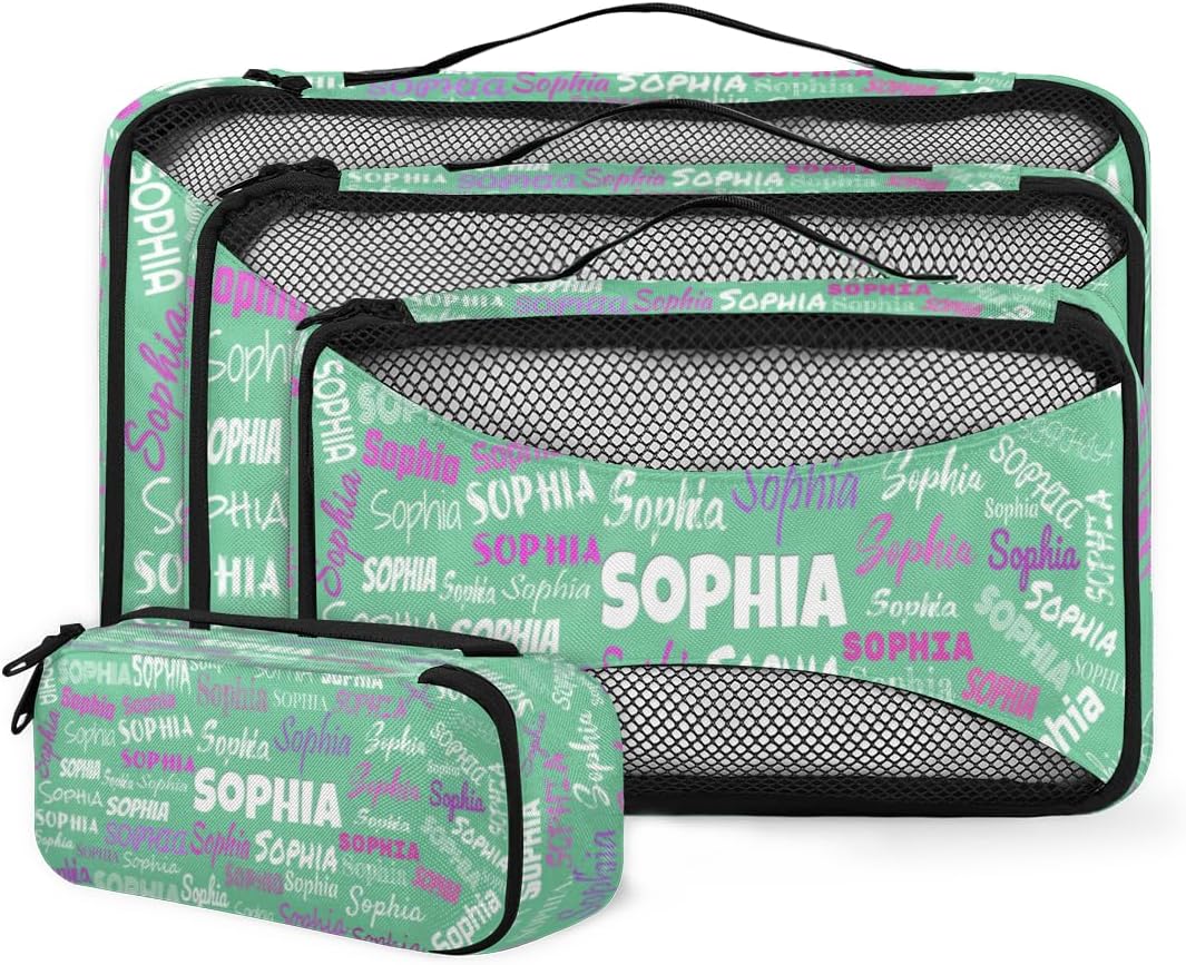 Personalized Name 4 Set Packing Cubes Luggage Packing Organizers Travel Accessories for Women Girls, Light Green