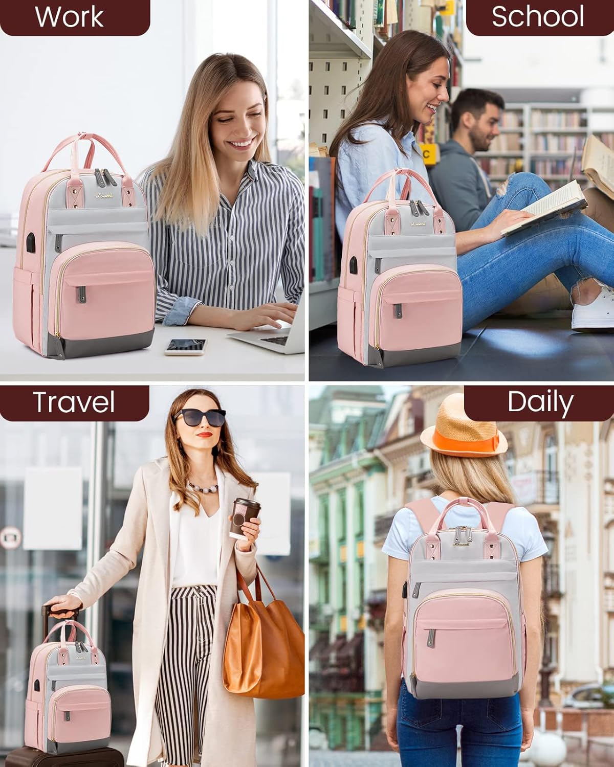 LOVEVOOK Backpack for Women,Laptop Backpack Women,Fits 15.6 Inch Laptop Bag,School Backpacks,Fashion Travel Work Anti-theft Bag,Waterproof Business Computer College Backpack Purse,Grey-Pink-Grey