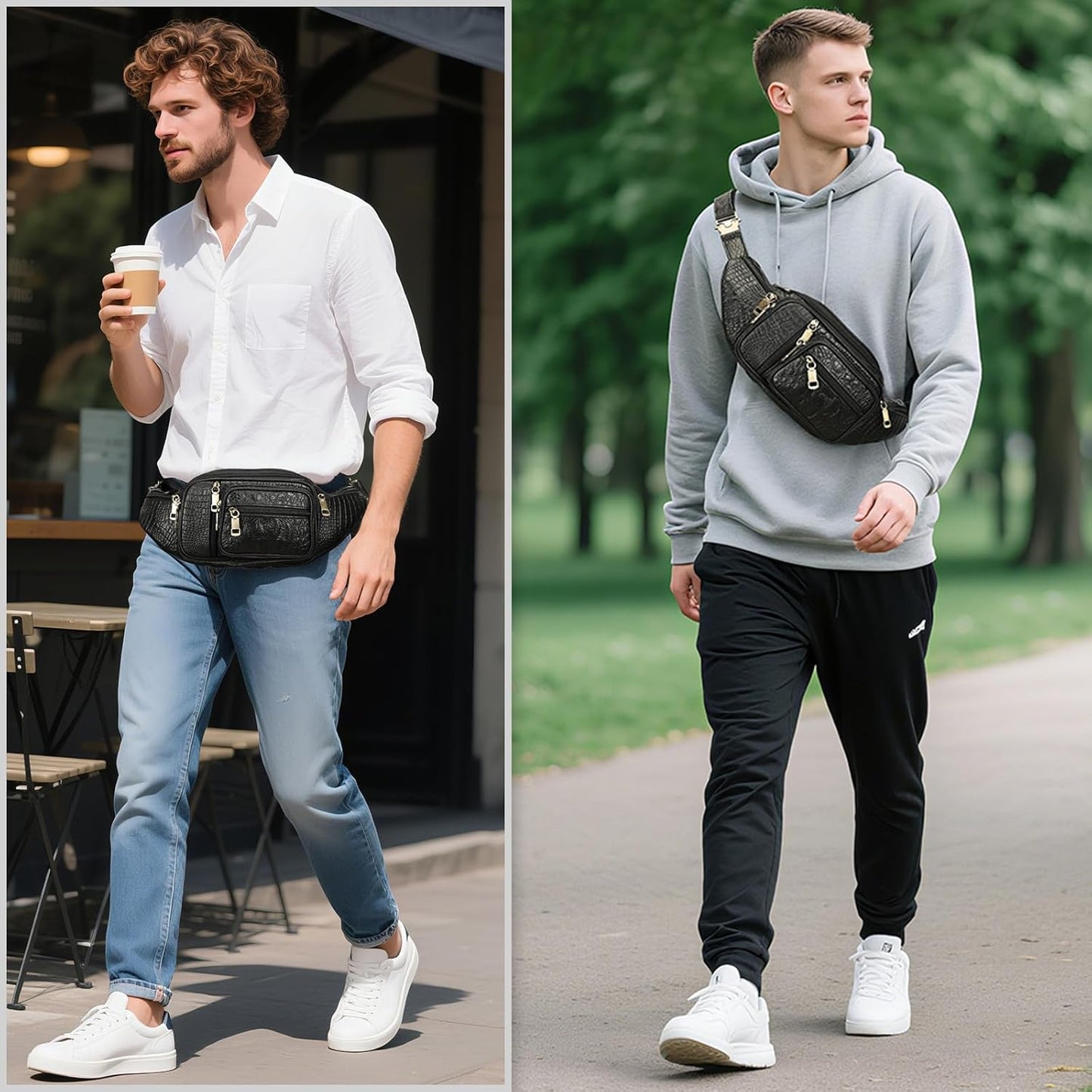 Genuine Leather Fanny Pack large capacity Crossbody Waist Bag with Zipper phone Pockets crocodile black