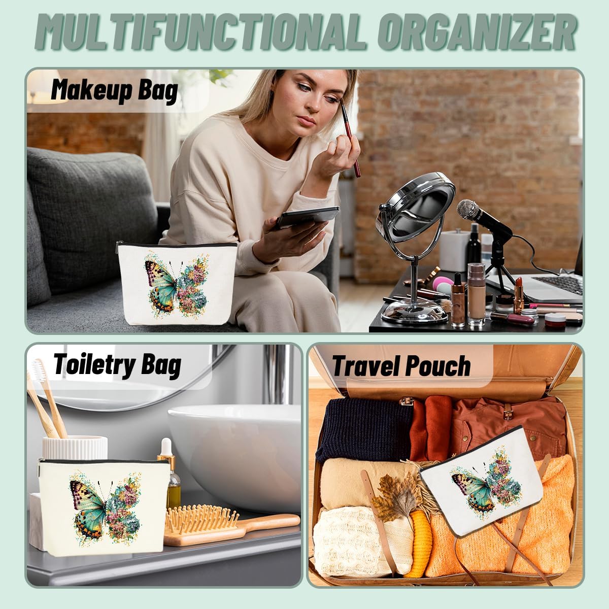 2pcs Aesthetic Butterfly Floral Makeup Bag Flowers Butterfly Gifts Cosmetic Bags for Women Girls, Aesthetic Zipper Pouch Travel Toiletry Bag Friend Gifts for Sisters Bestie