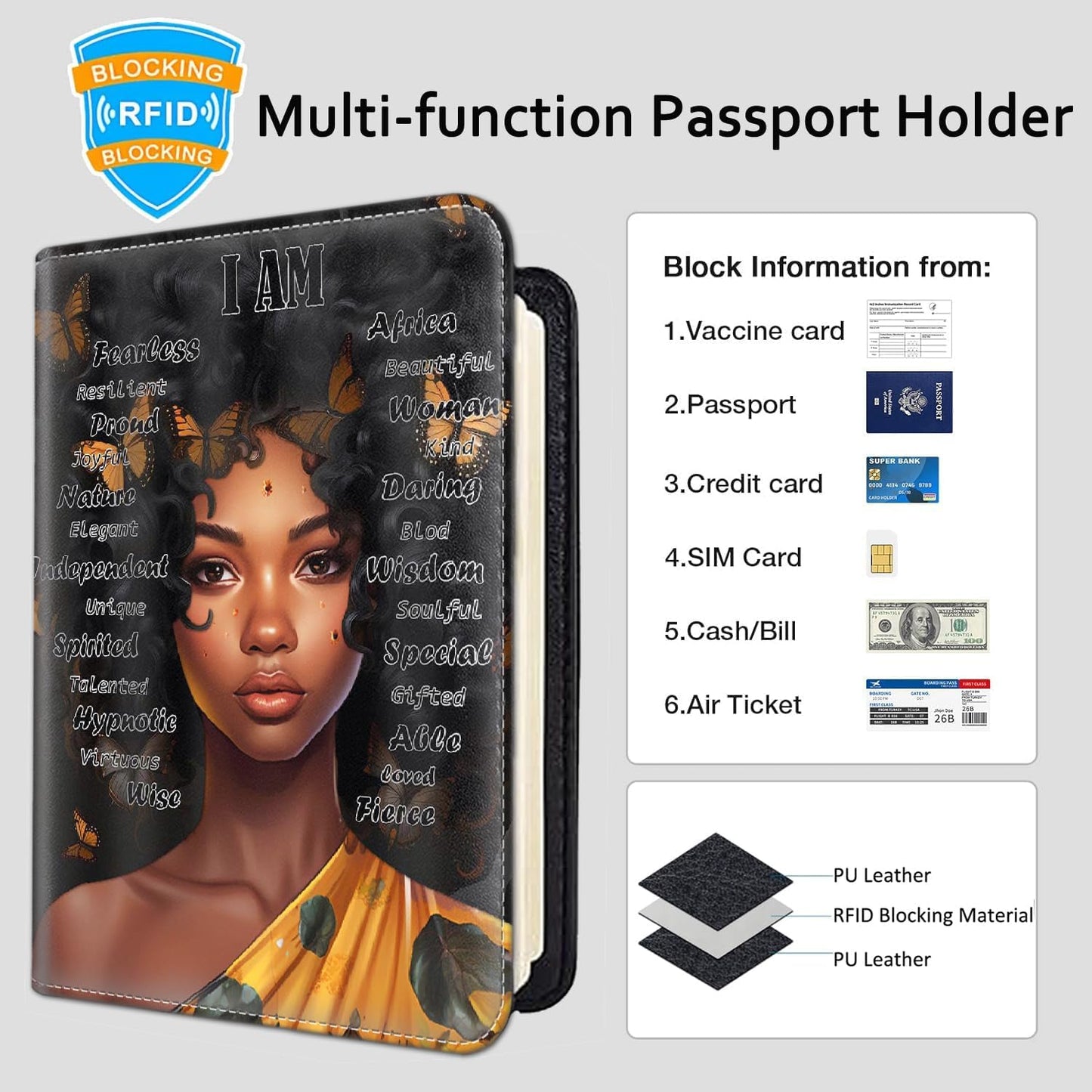 Passport Holder Women Wallet with Luggage Tag, Leather Passport Cover with RFID Blocking, Travel Accessories Multi Card Slot Passport Case for Men，African American Girl