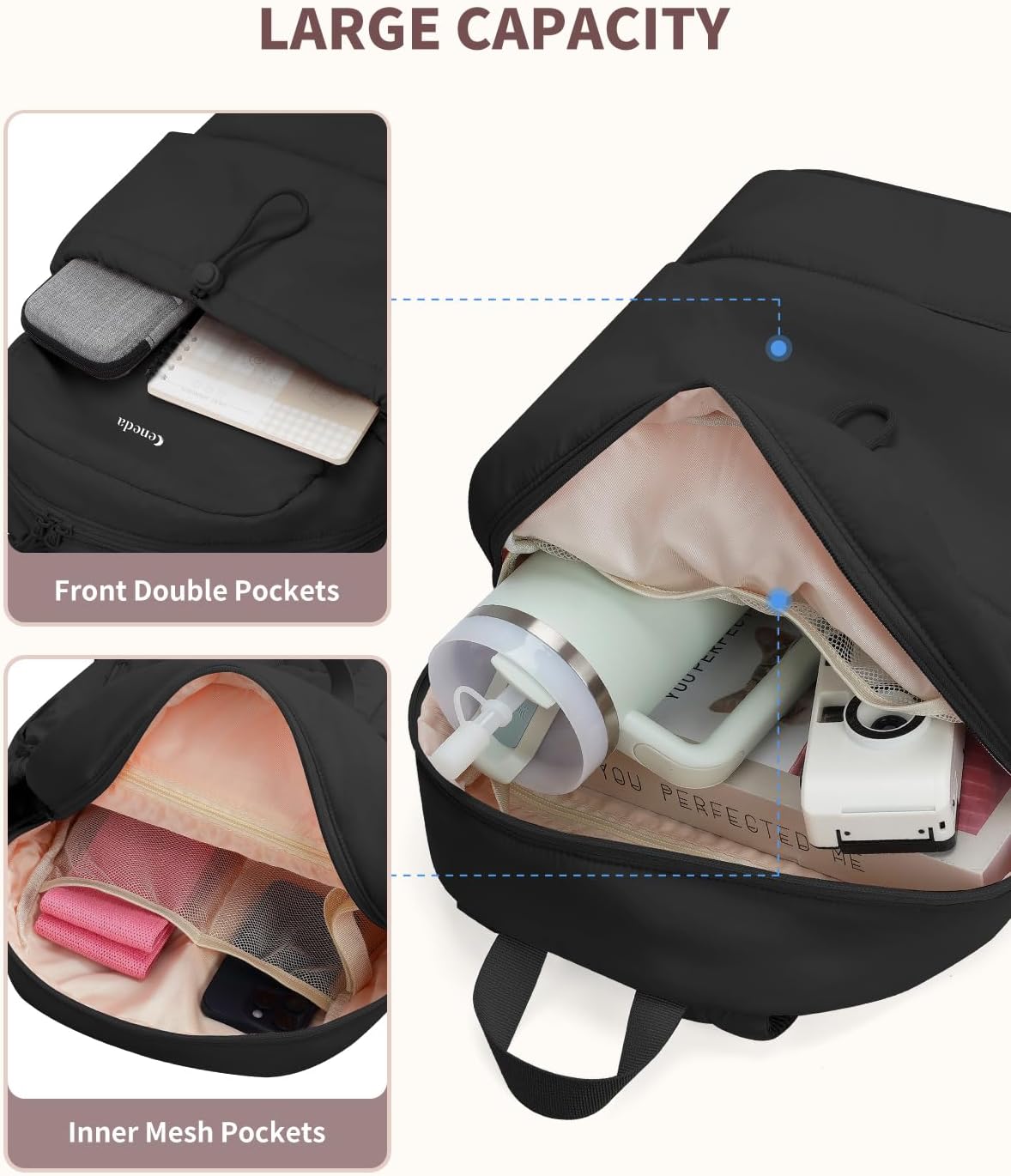 Ceneda Gym Backpack for Women, Lightweight Puffer Backpack with Shoe Compartment, Wet Pocket & Tumbler Strap, Cute Daypack for Fitness, Daily Use & Travel (Black)