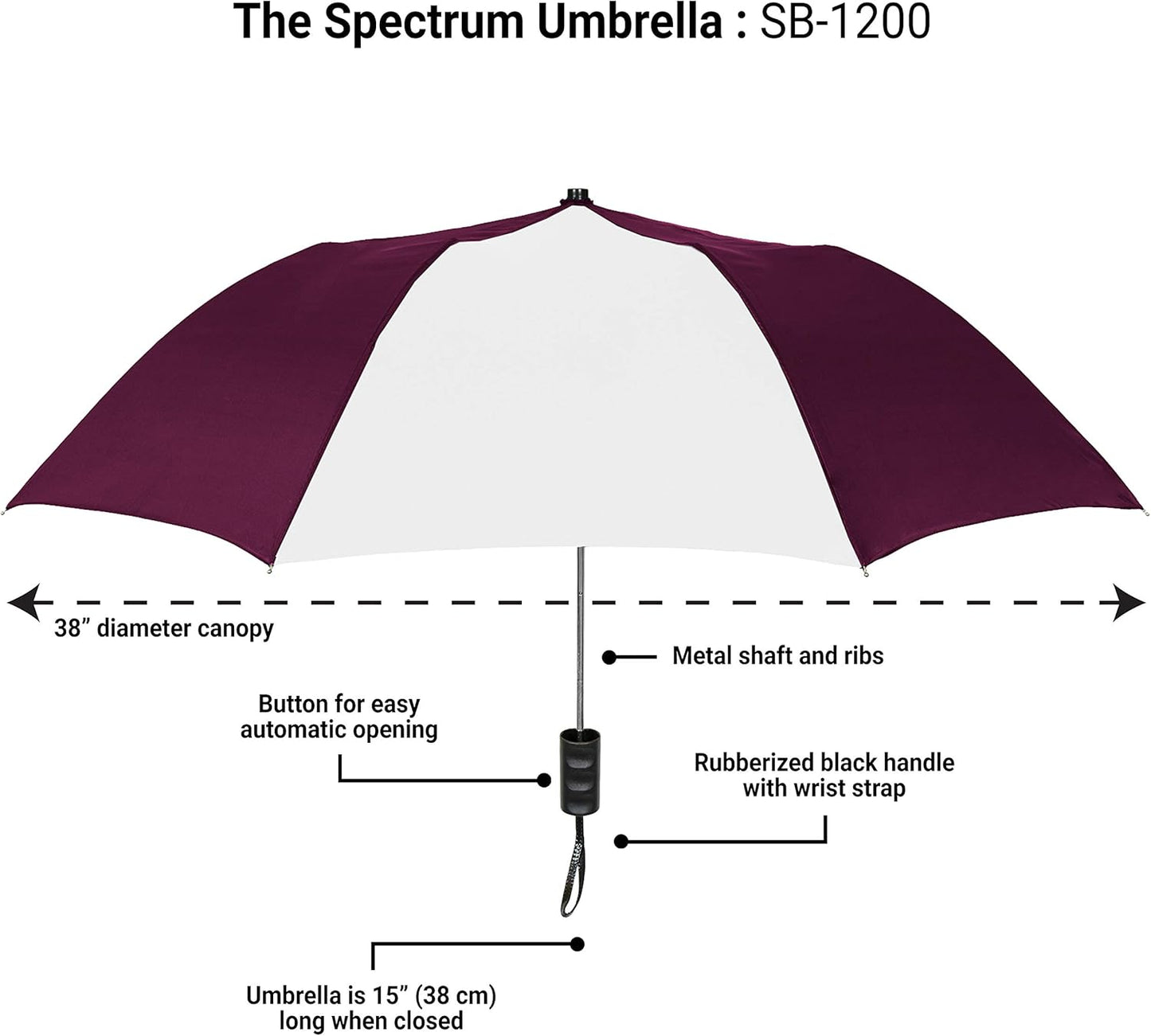The Spectrum Popular Style 42" Automatic Open Compact Travel Umbrella for Rain, Wind & Sun, Sturdy Lightweight Small Portable Stick Umbrella for Men and Women