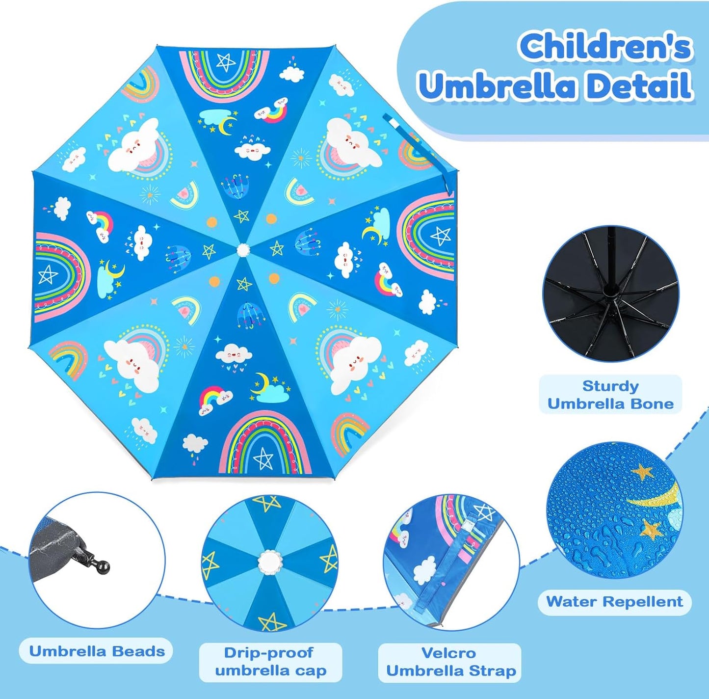 Autoamtic Kids Umbrella UV Resistant, Folding Compact Umbrella 360° Reflective Strip for Travel Outdoor, Lightweight Cute Kids Parasol Anti-rebound Safe for Toddler