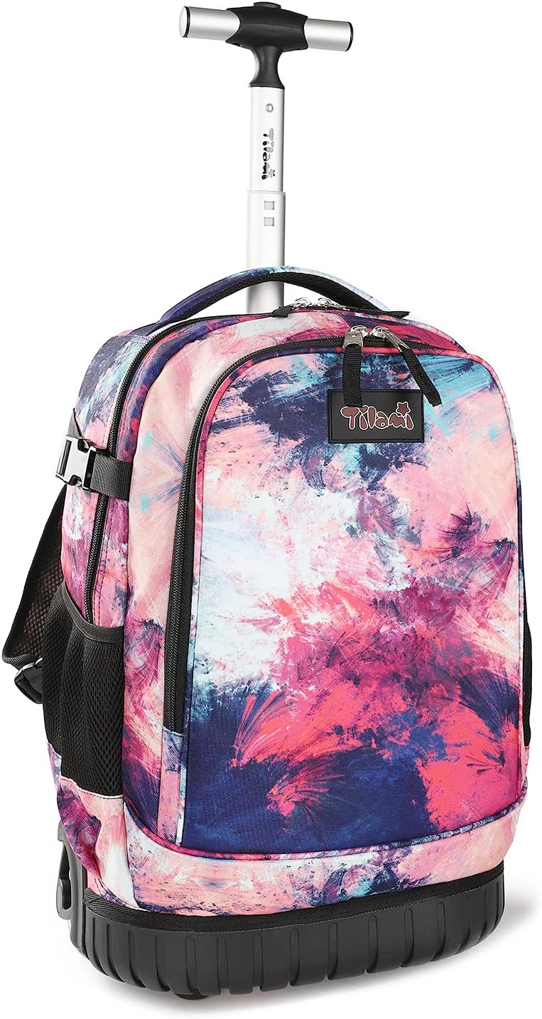 Tilami Rolling Backpack 19 inch Wheeled Cute LAPTOP Boys Girls Travel School Student Trip (Pink)