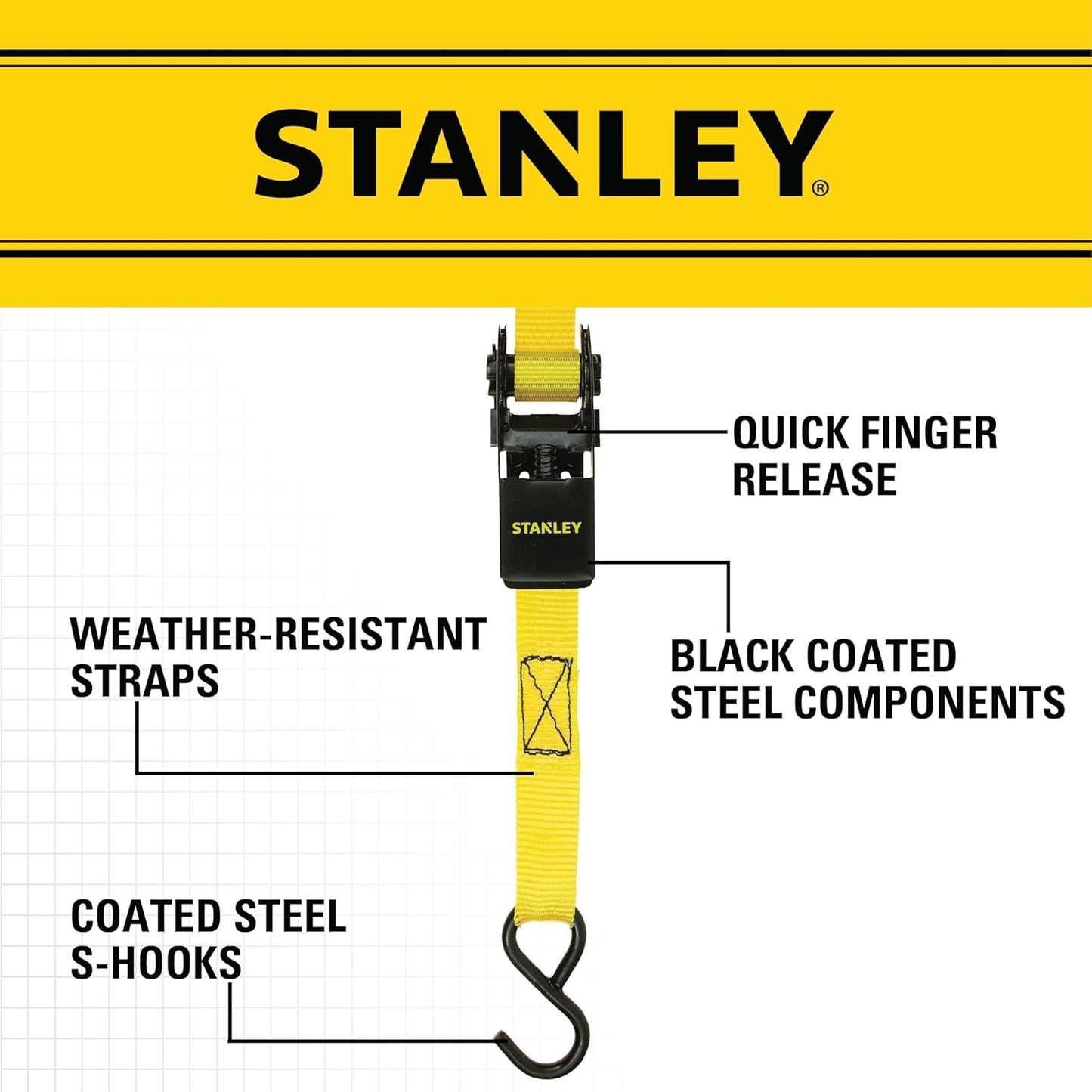 STANLEY S9500 Black/Yellow 1" x 10' Ratchet Straps - Light Cargo (300 lb Working Load / 900 lb Break Strength), (Pack of 24)