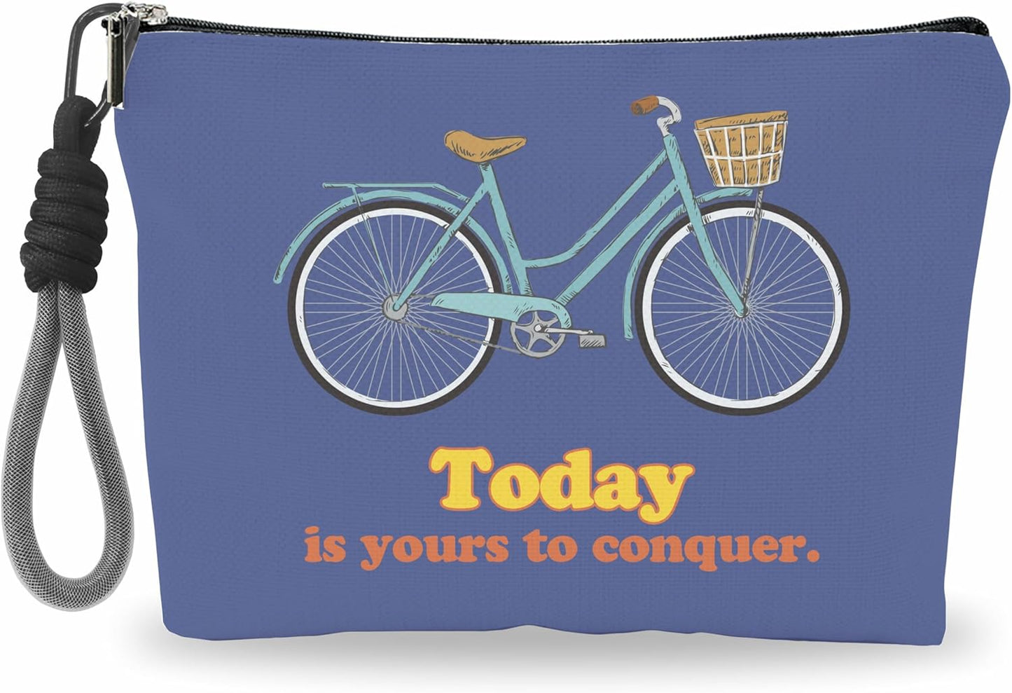 Make Up Bag For Woman, Cosmetic Bag With Hand Strap - Today Is Yours To Conquer - Lined Toiletry Bag - Bicycle Theme Pouch, Navy Organizer With Zipper, Women Essentials & Accessories - A16
