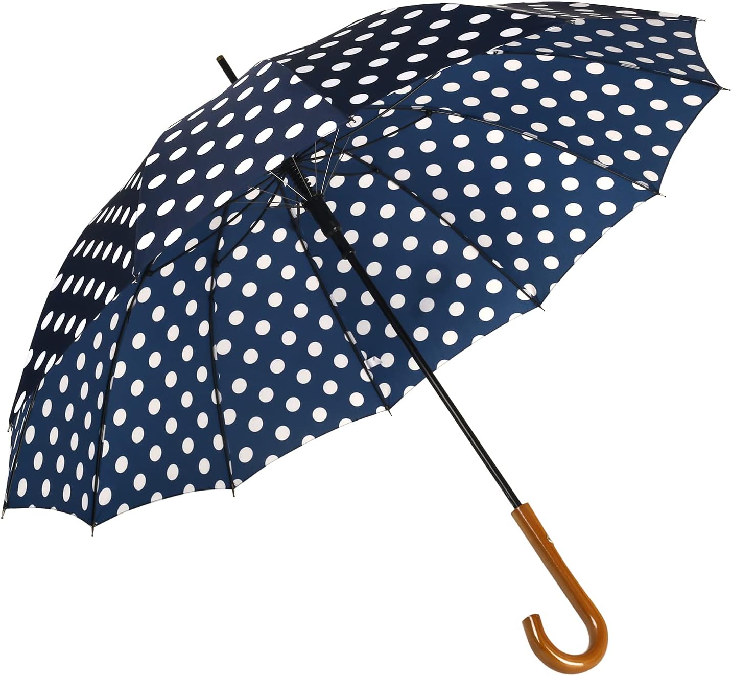 Agaric Classic Wooden Hook Handle J Stick Umbrella Auto Open Windproof Umbrella for Women (Navy Blue)
