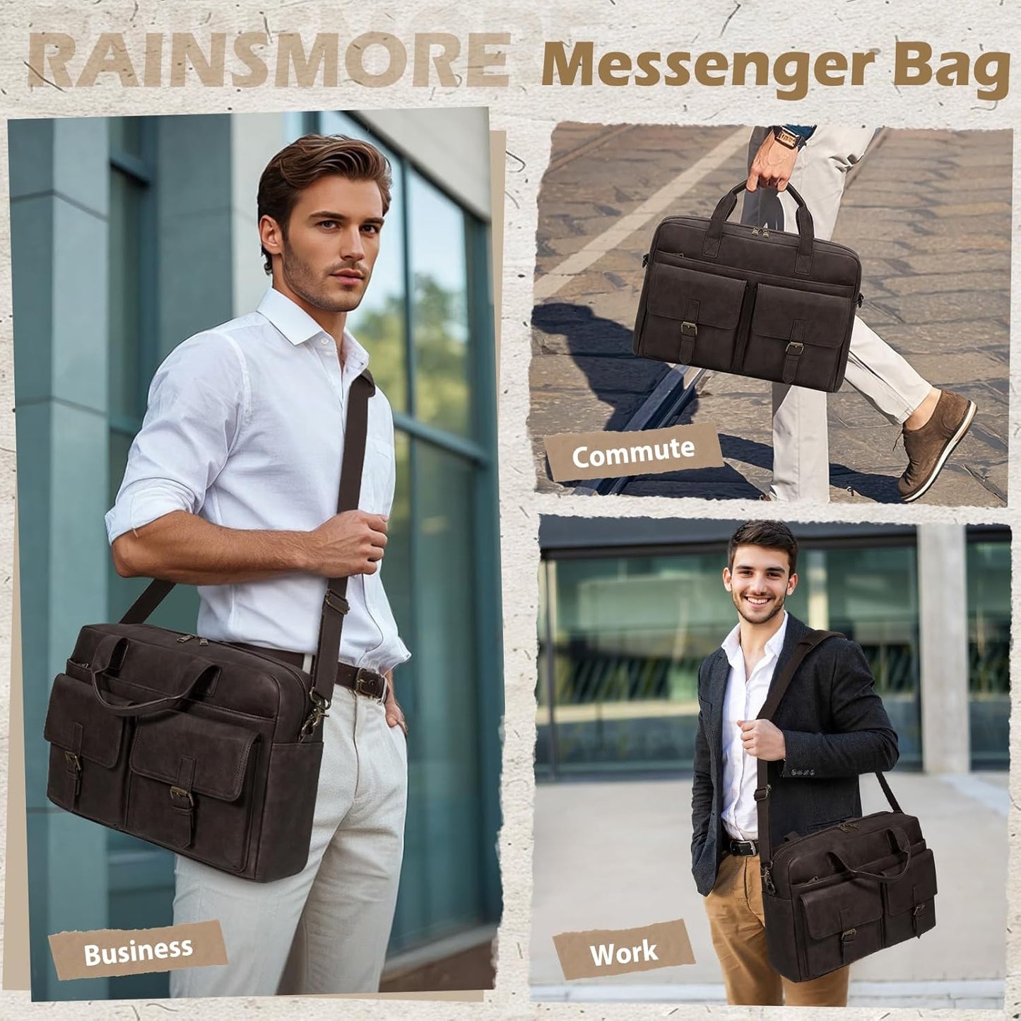 RAINSMORE Messenger Bag for Men 16 Inch Leather Laptop Bags Work Computer Briefcase Vintage Mens Satchel Shoulder Bag for Work, Office, Business, Travel, Coffee