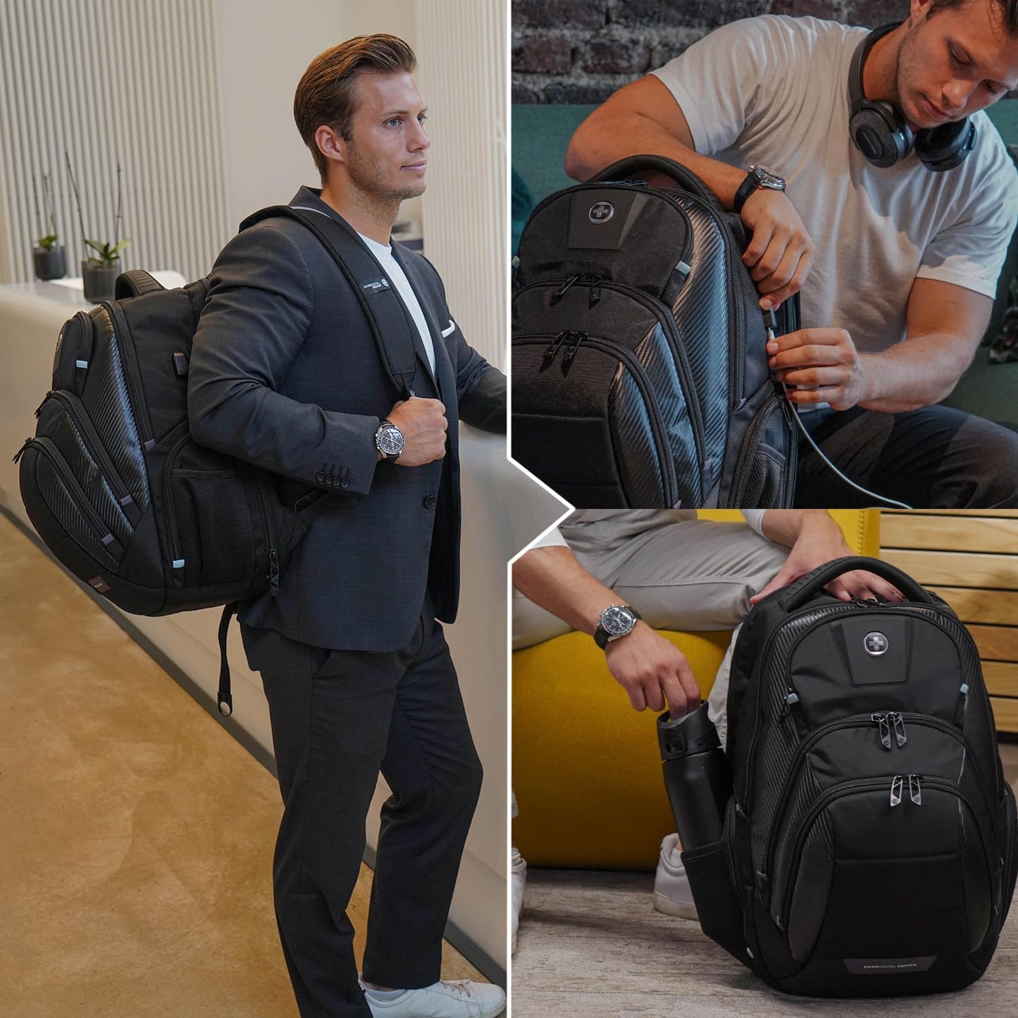Swissdigital Design Men's 17 Inch Laptop Backpack with Apple Find My Network and USB Charging Port, Large Capacity Business Travel Backpack for College and Business | SD1643FB-01