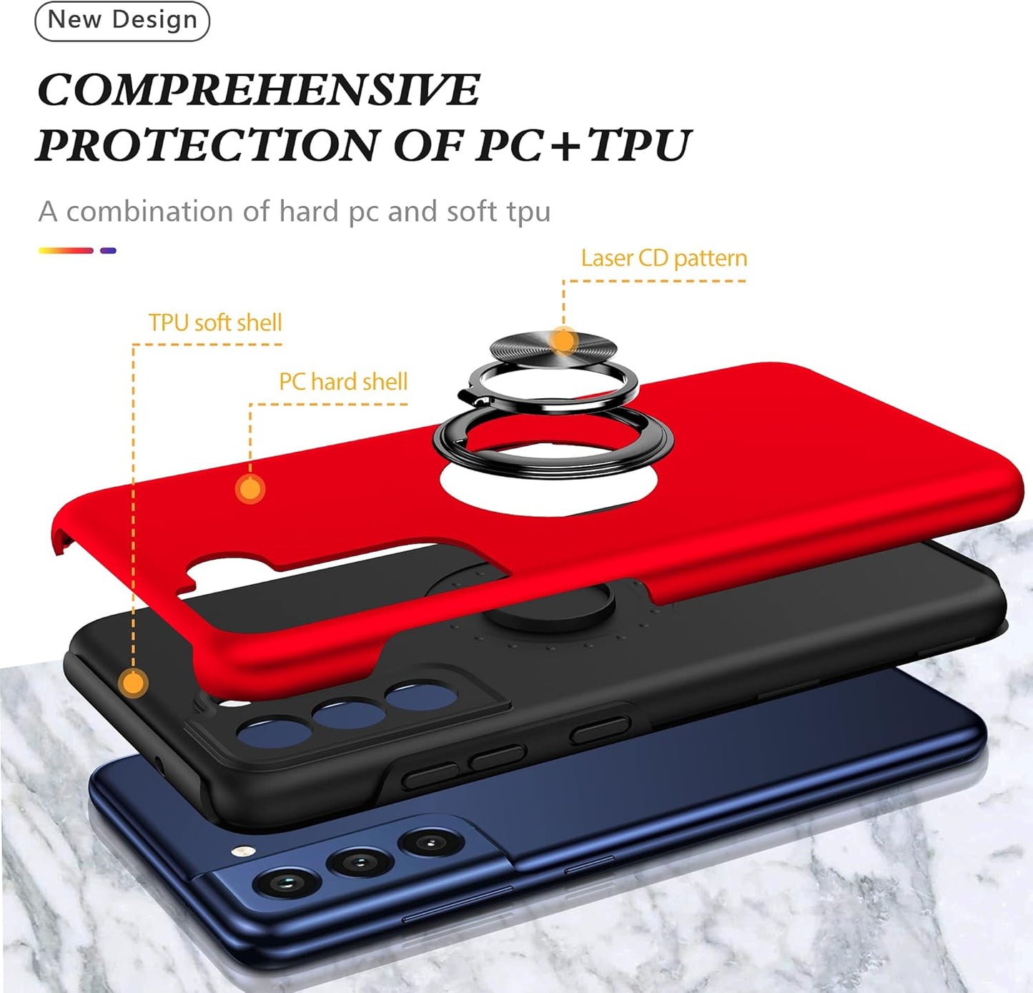 Galaxy S21 FE 5G Case with Nano Explosion-Proof Film - 2 Pack Military Grade Double Shockproof Invisible Kickstand Case - Red