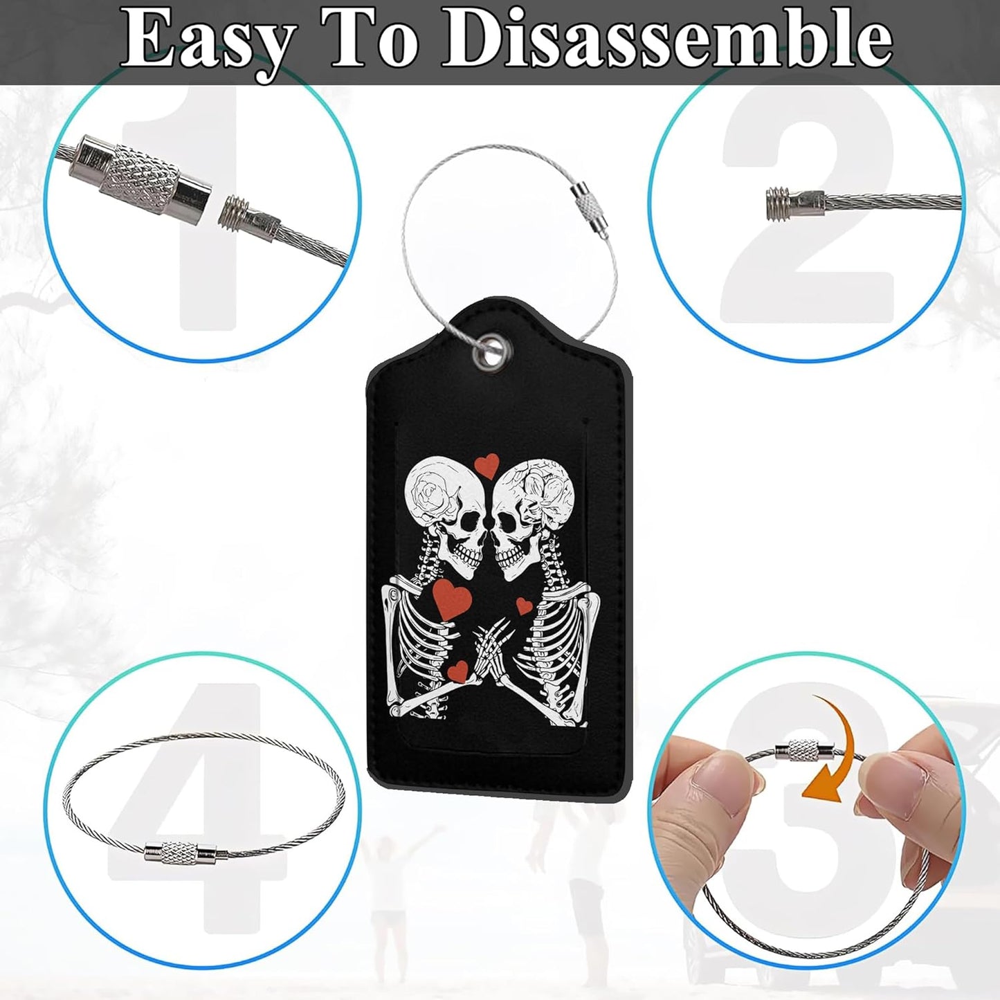 Skeletons Lovingly 2 Pack PU Leather Luggage Tags with Stainless Steel Loop, Funny Human Skull Lovers Travel Labels with Privacy Cover ID Label for Quick Spotting