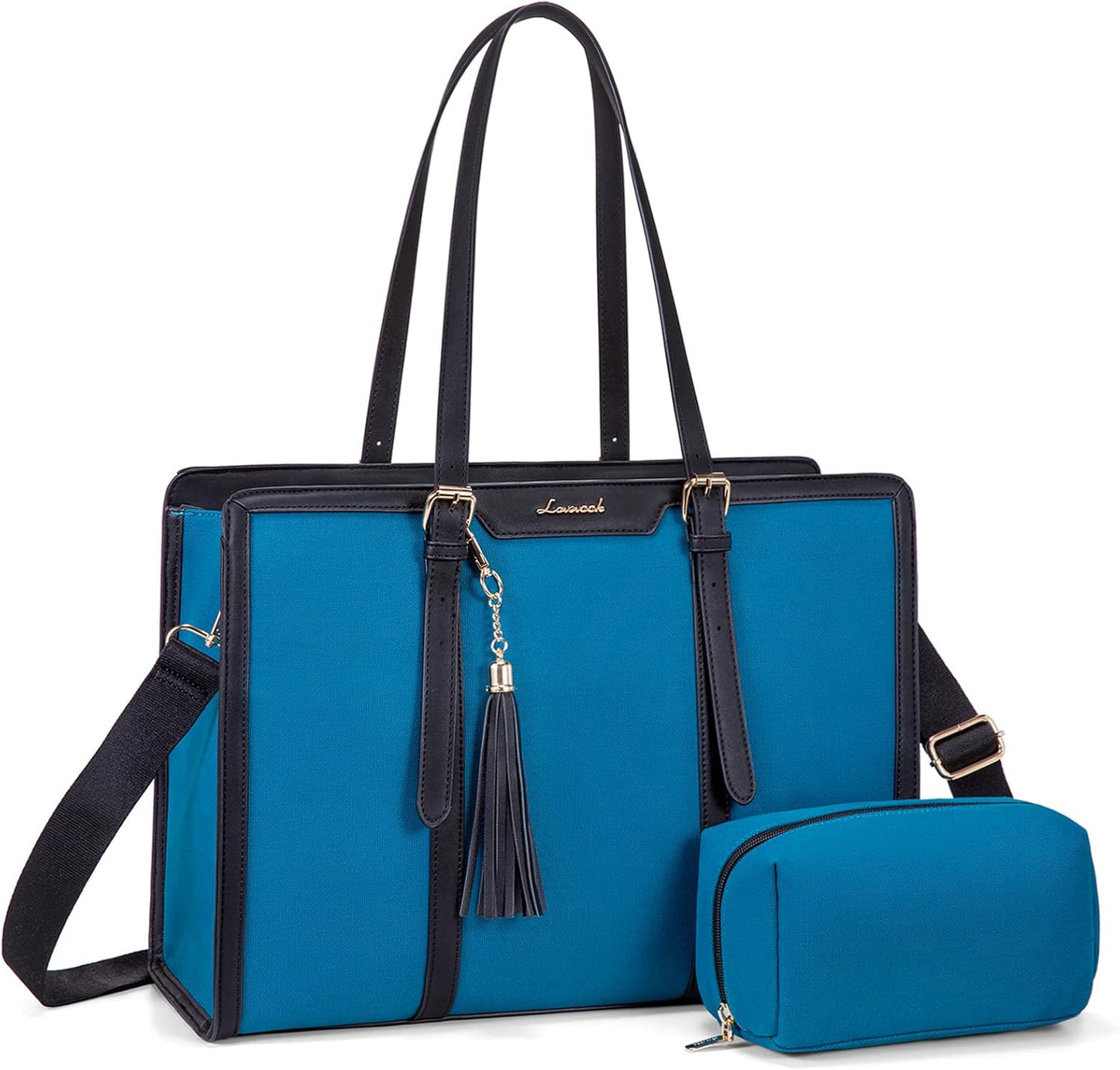 LOVEVOOK Laptop Bag for Women - 15.6 inch Lightweight Canvas Laptop Tote, Large Capacity Computer Bag with Clutch Purse for Business, Work, Travel, School, Casual (Black & Blue, 15.6 Inch)