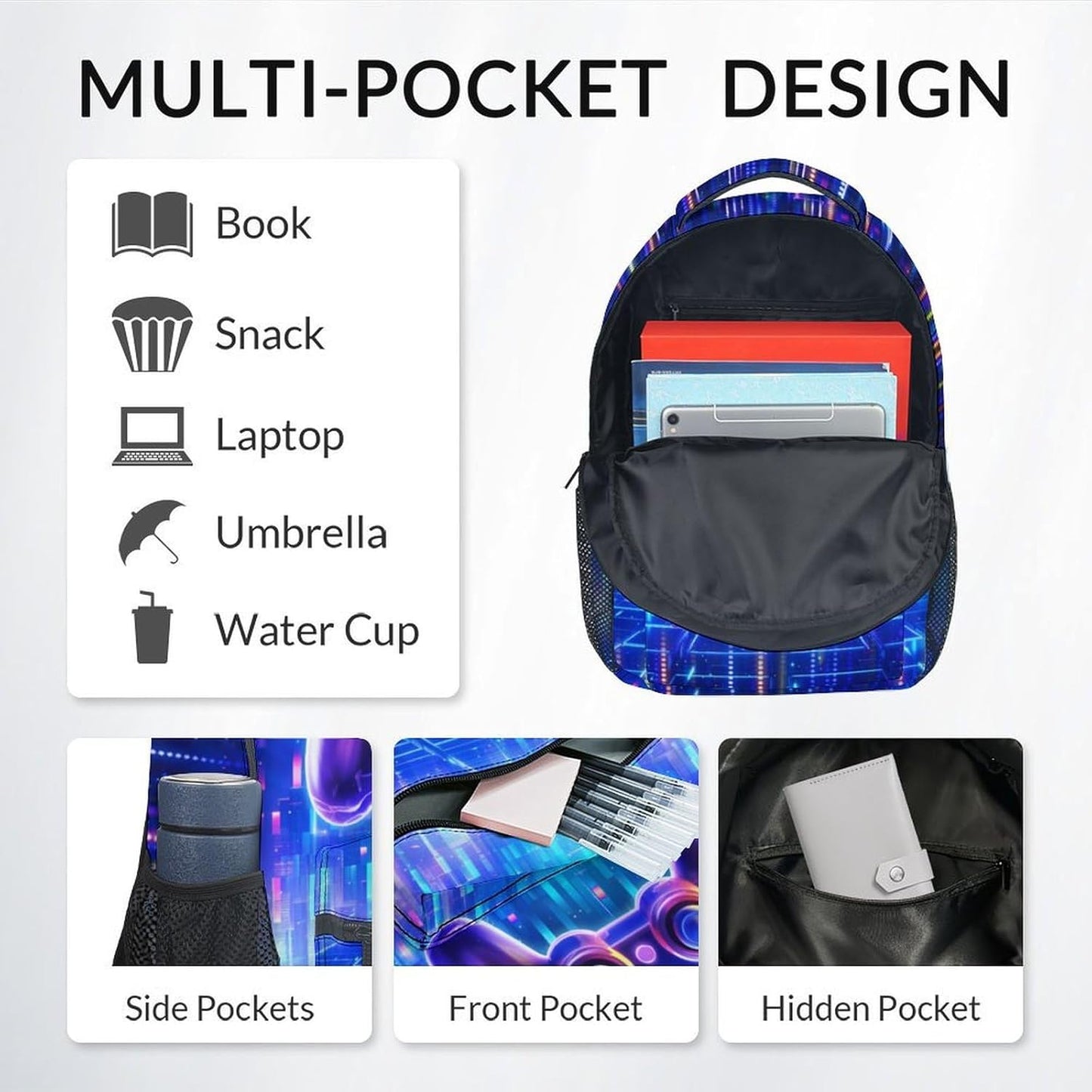 Mercuryelf Kids Backpack with Lunch Box - Custom Gaming Kid Backpack Set for School, Travel - 17 Inch Cool Gamer Bookbag Lunch Bag and Penci for Boys - 3 in 1 School Bag Set for Primary Middle