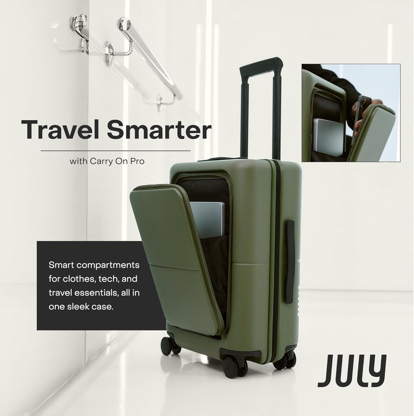 Carry On Pro - 20" Hardshell with Front Pocket, Airline Approved Carry On Luggage with Wheels, TSA Lock Rolling Suitcase, Silent Spinner Wheels, USB Ports & Ejectable Battery - Moss