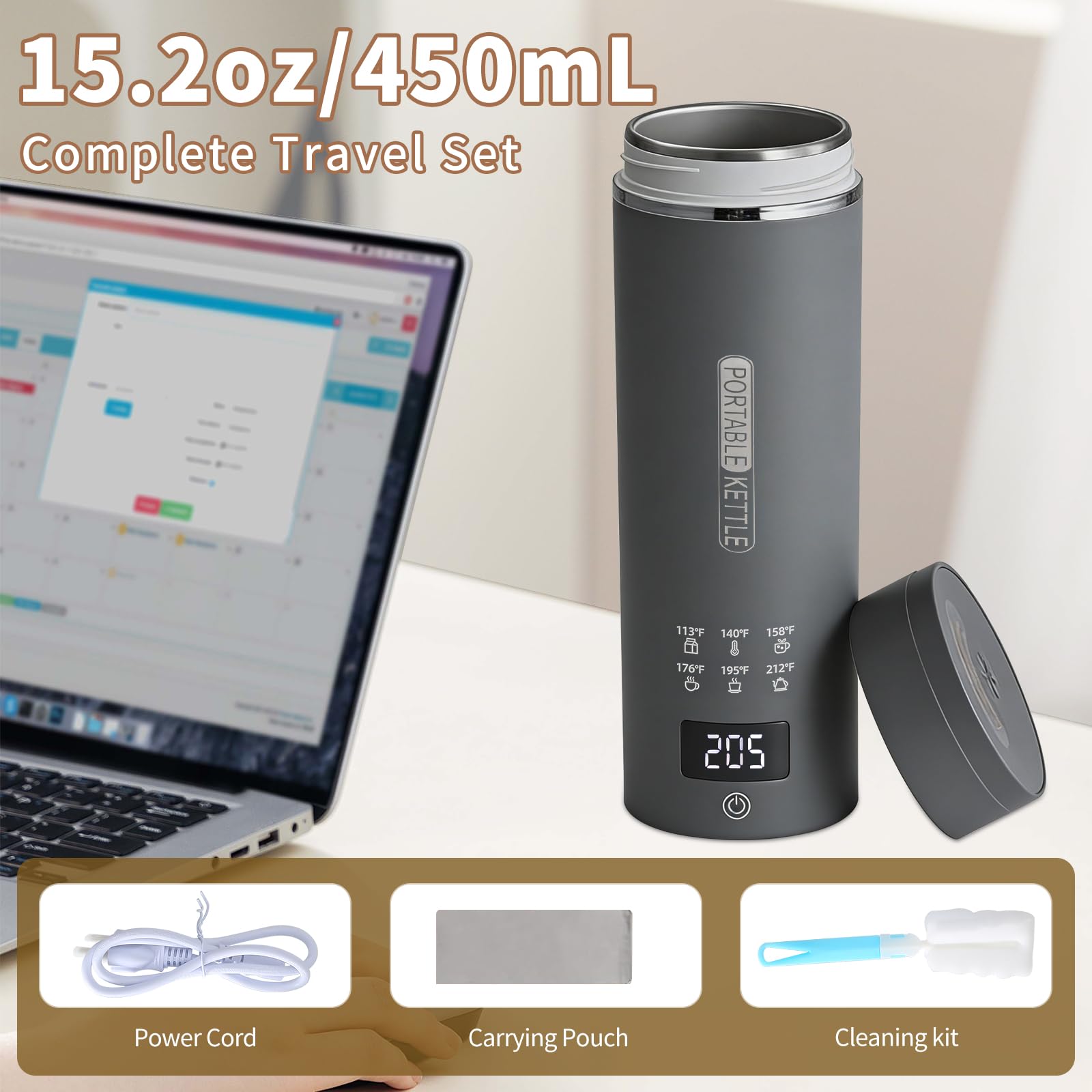 Travel Electric Kettle, LCD Display with 6 Temperature Settings, 304 Stainless Steel, 450ml/15.2oz