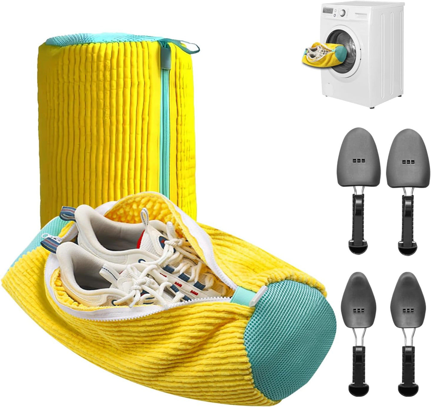 Shoe Washing Machine Bag, Reusable Shoes Cleaning Bags, Sneaker Tennis Shoes Unstain Cleaner Kit with Adjustable Shoe Trees, Yellow, 2 Pack