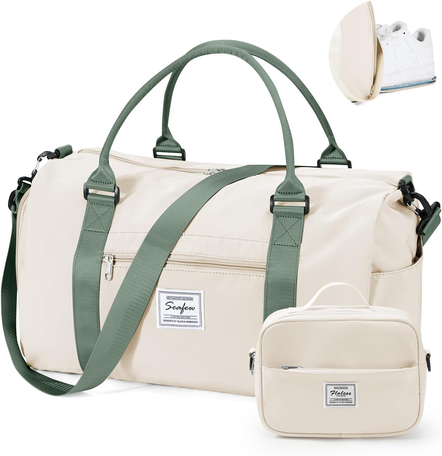 Gym Bag for Women with Shoes Compartment,Small Duffel Bag Sport bag with Toiletry Bag Overnight Travel Tote Bags Weekender Carry on Bag Personal Item Bags for Airlines Beige Green