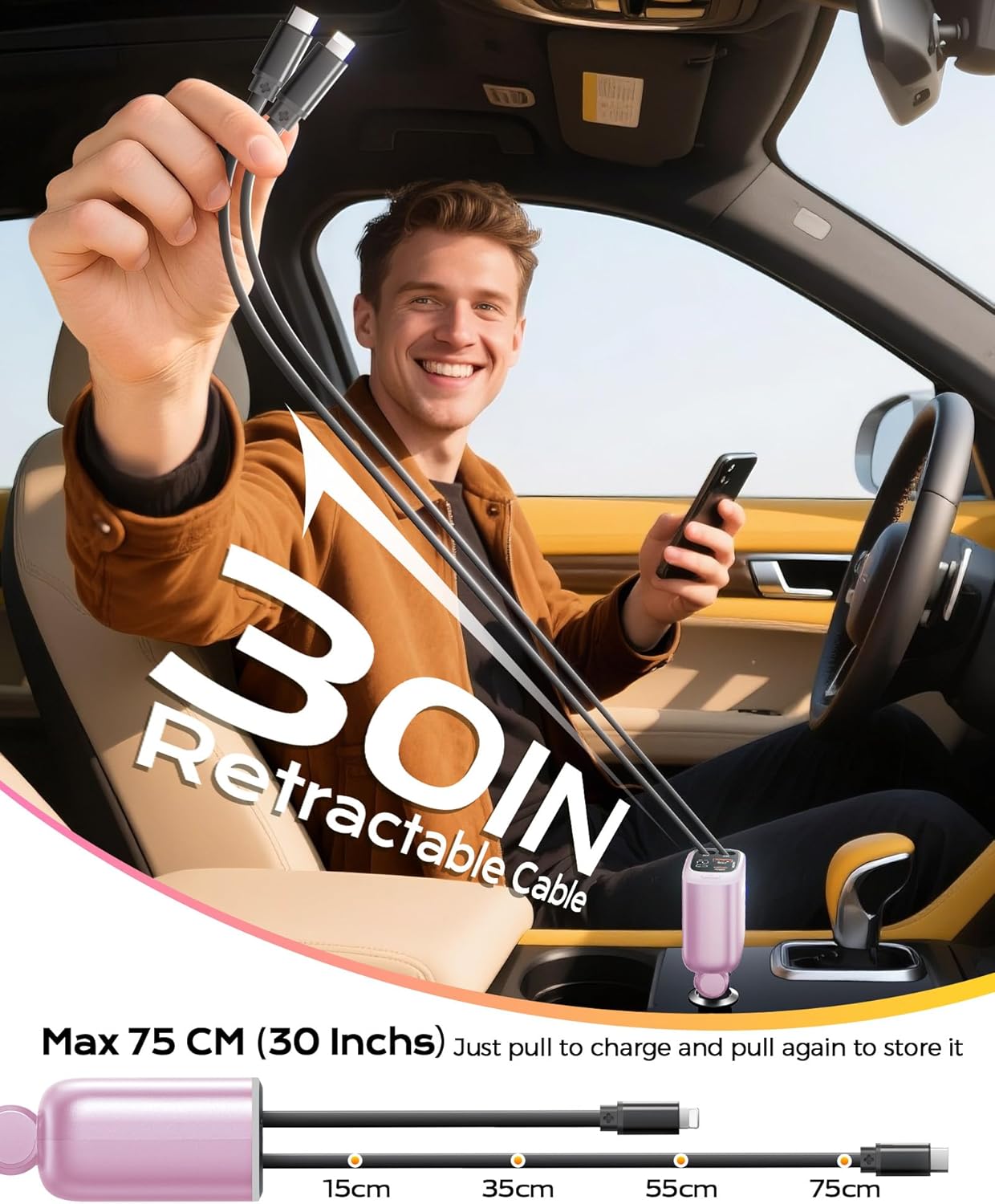 iPhone Car Charger, Retractable Fast USB C Phone Charger, 4 in 1 Cigarette Lighter Adapter with 2 Cables 30 Inch and 2 USB Ports, Multi Port USB Car Charging for iPhone 17/16/15/14/13/Pro Max-Pink