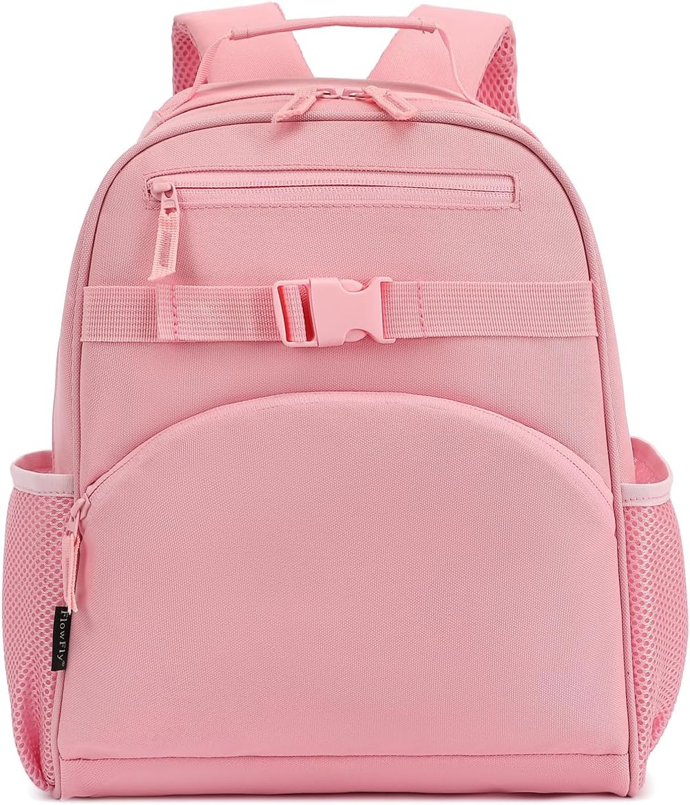 FlowFly Kids Backpack for Toddler Boys Girls, Simple Lightweight Bookbag for Daycare Kindergarten Elementary School Travel, Small Modern Bag (Medium 15''), Pink