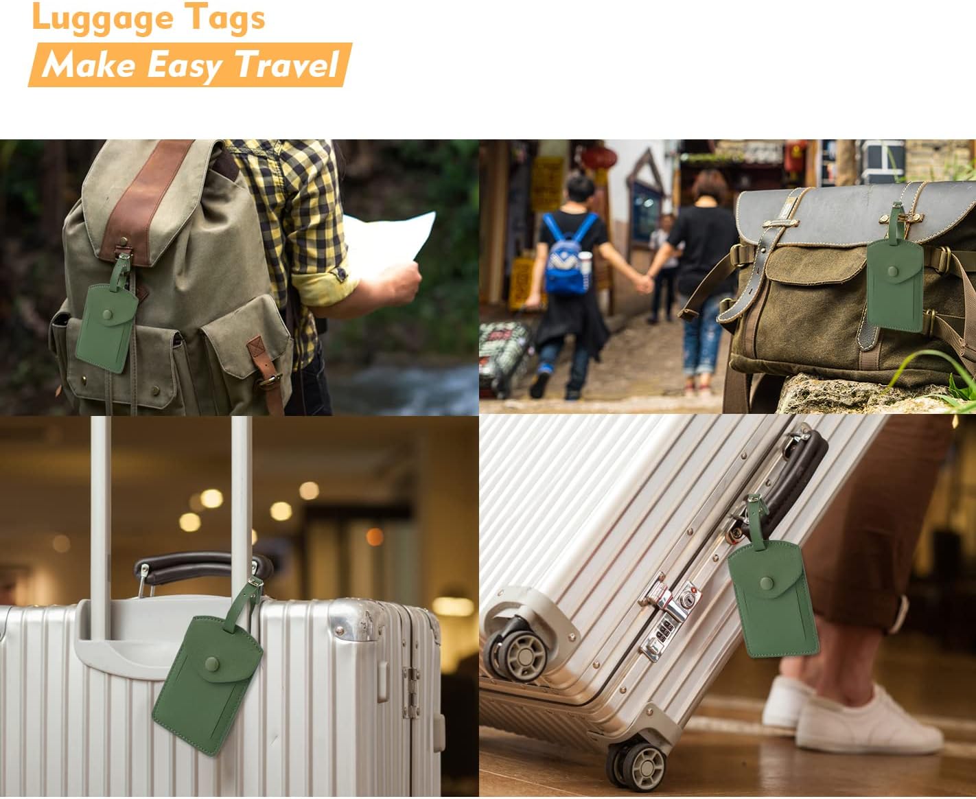 Kevancho Leather Luggage Tags for Men Women, Suitcase Labels Baggage Bag Tag ID Tags with Full Back Privacy Cover for Cruise Ships, Travel Accessories Tags Set of 2 PCS (Green)