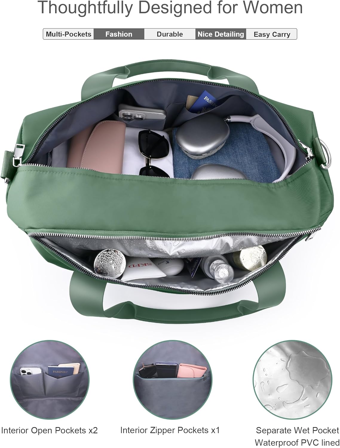Gym Bag for Women Girls with Shoe Compartment & Wet Pocket - Duffle Bag for Travel Sports Fitness Workout Athletic, 19"-Medium, Olive Green