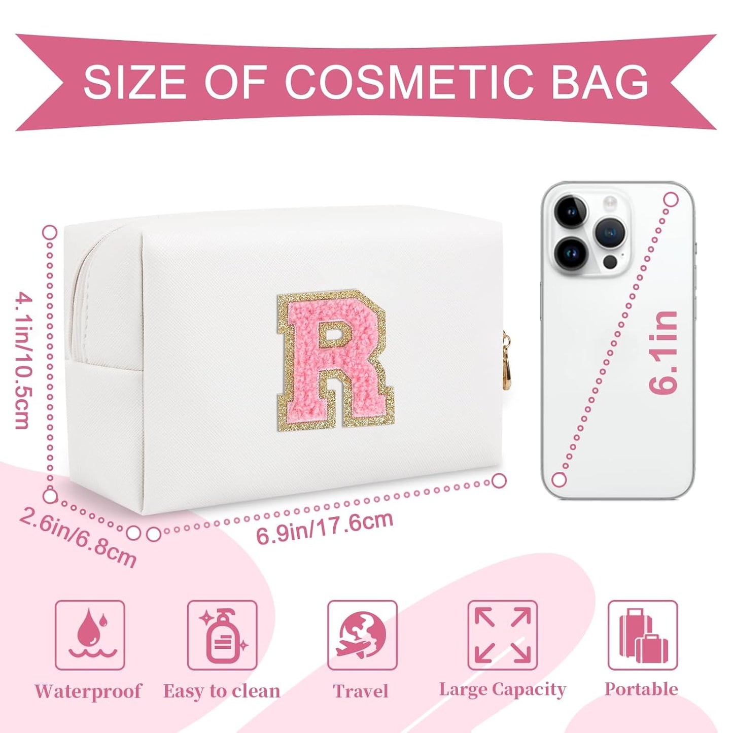 Personalized Makeup Bag Initial A-Z Preppy Patch Bag,Small PU Leather Travel Cosmetic Bag Pouch