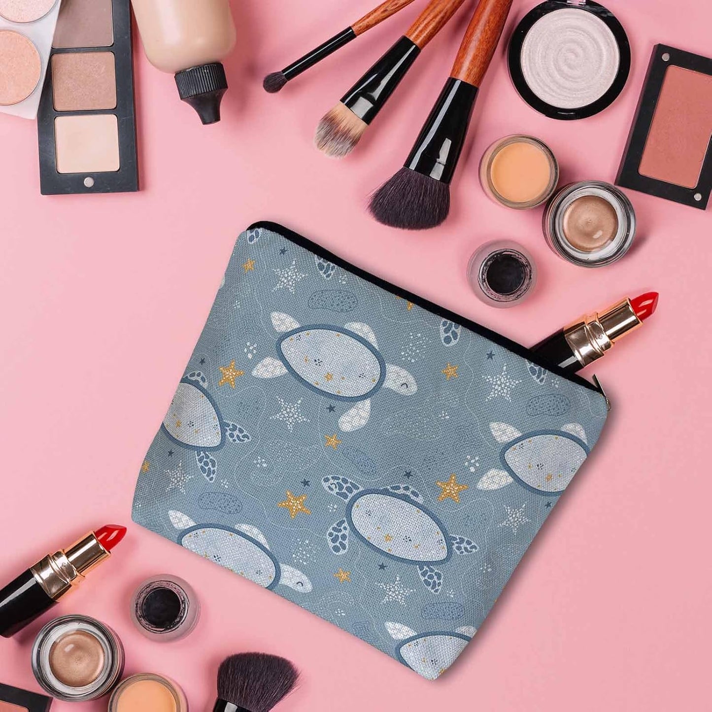 Sea Turtles Makeup Bags Makeup Organizer, Tropical Ocean Sea Turtle Starfish Blue Flax Toiletry