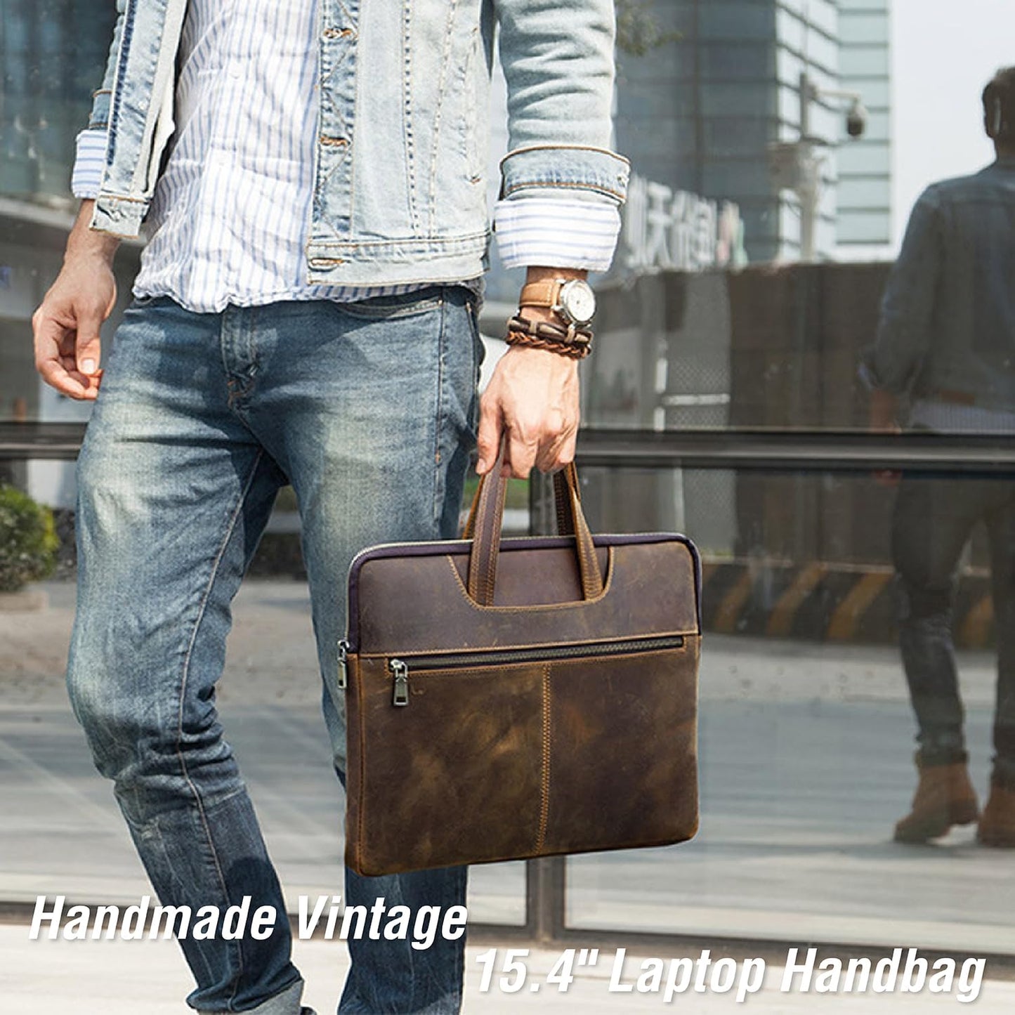 Top Grain Leather Text Customizable 15.4" Slim Laptop Briefcase Handbag, Vintage Handmade, Compatible with MacBook Pro/Air 13.3"/14.2"/15.4"/16" & Other Laptop/Tablet, Coffee 15.4 Inch