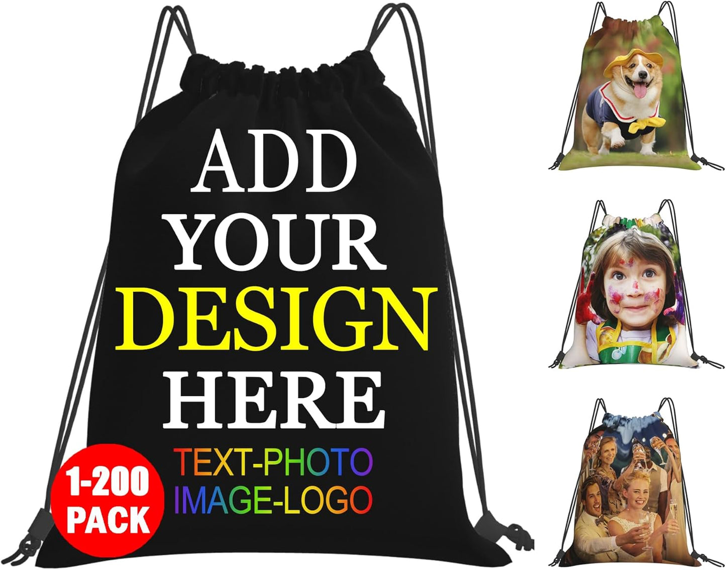 Personalized Drawstring Bag with Your Name Drawstring Backpack for Men Women Small Gym Beach Shopping Sport Yoga Bag (Name Photo Text)