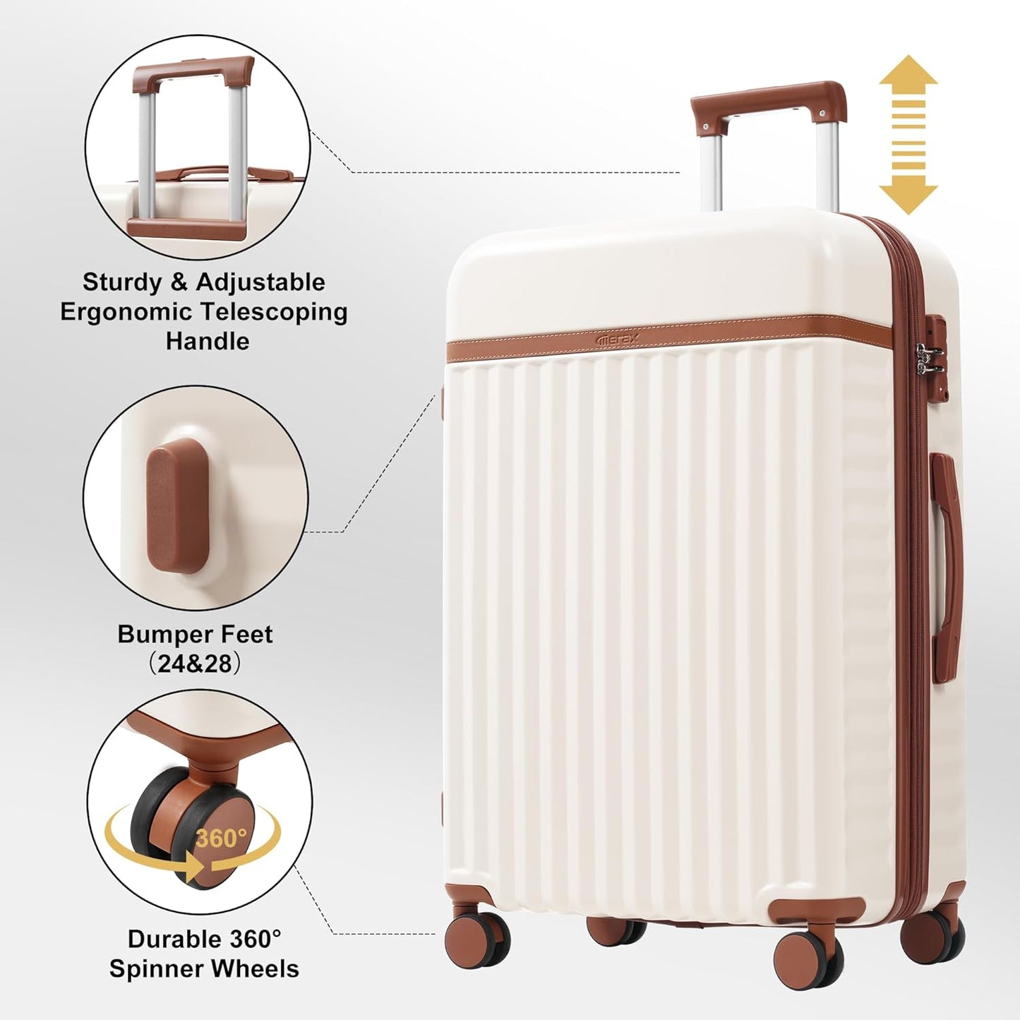 Merax Luggage Sets, Durable Hardshell 3 Piece Suitcase with Double Spinner Wheels and Handle Bags,Lightweight Carry on Luggage with TSA Lock,20+24+28 inches,White and Brown