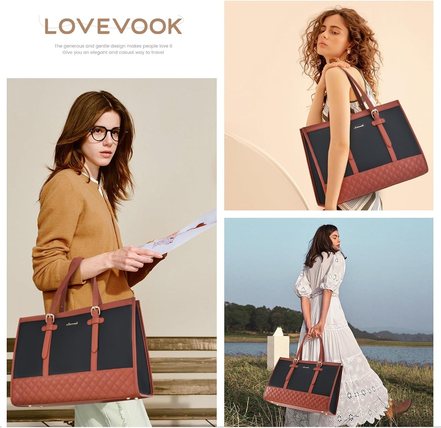 LOVEVOOK Laptop Bag for Women,15.6 inch Laptop Tote Bag Waterproof PU Leather Computer Bag Work Bags for Business Office, Large Capacity Laptop Purse Professional Work Tote Black