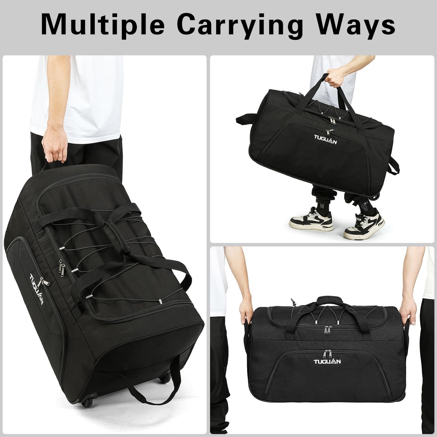 TUGUAN Extra Large Duffle Bag with Wheels Foldable 110L XL Heavy Duty Rolling Travel Duffel Bag 28 inch Collapsible Carry on Luggage for Men Women Traveling Camping, Black