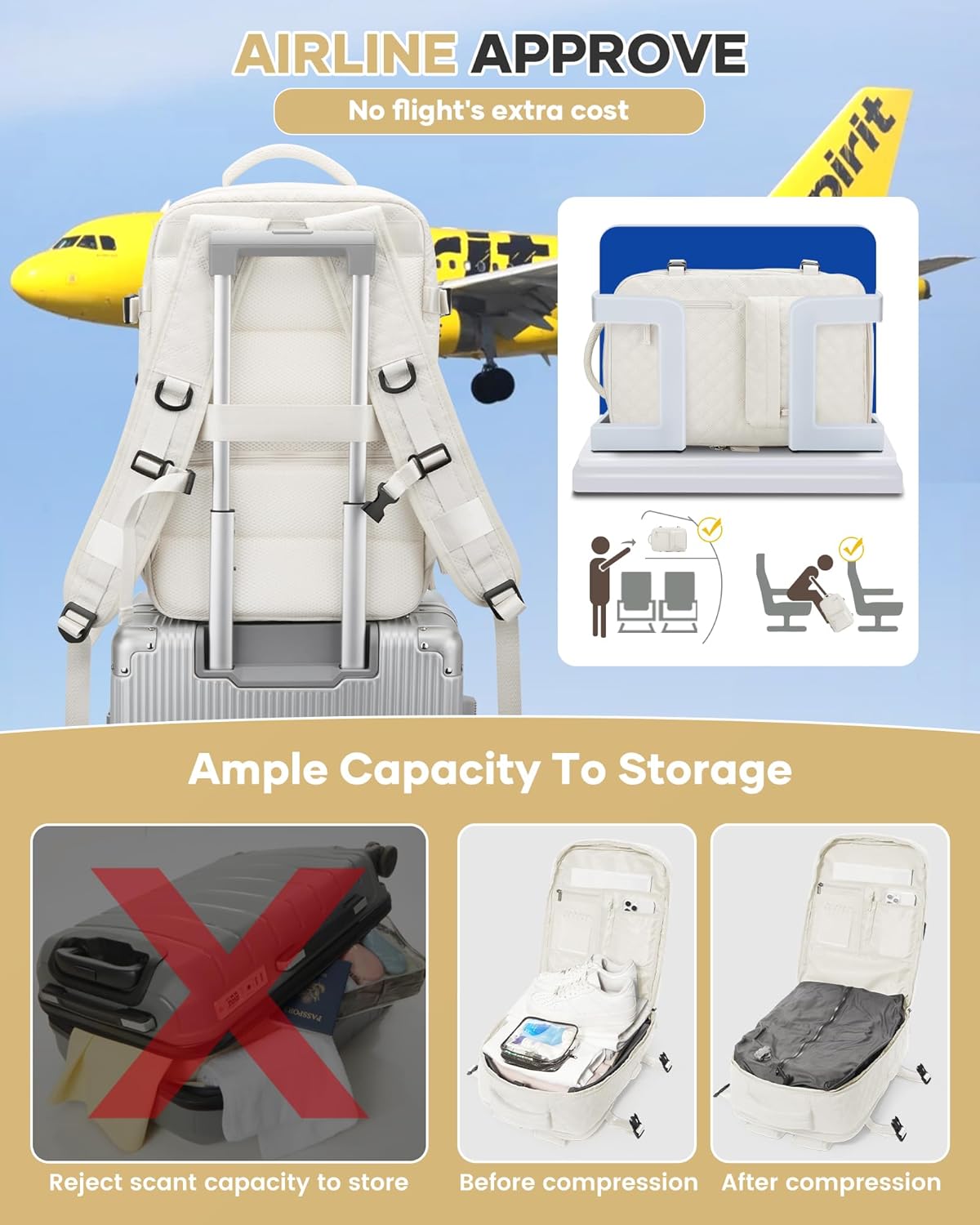 Travel Vacuum Storage Backpack with Air Pump Vacuum Seal Compression Space Saver Bags Clothing Vacpack 18x14x8 inches Travel Bag Carry on Personal item Laptop Work Backpacks Women Men Beige