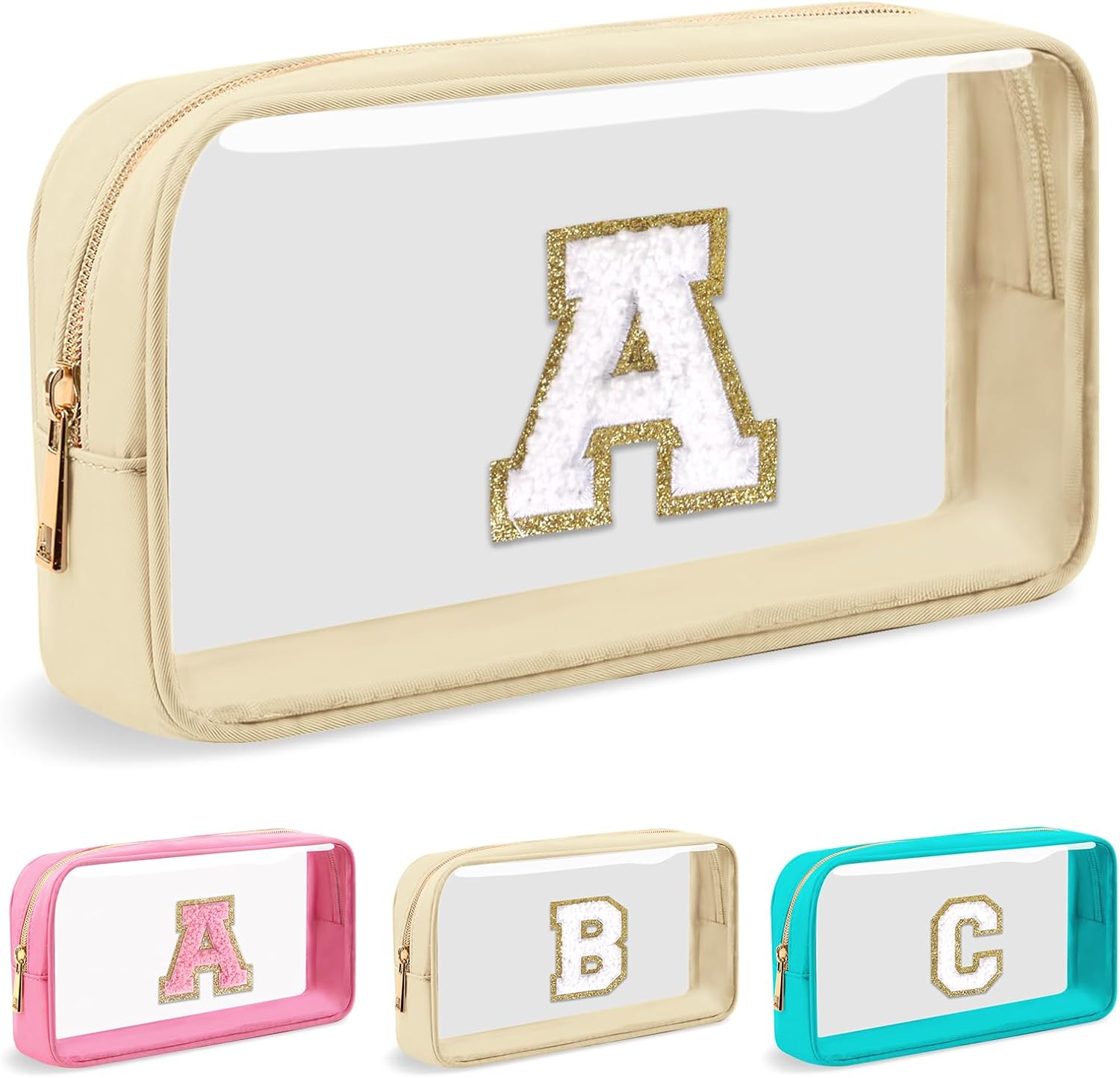 Personalized Initial Letter Clear Makeup Bag,Preppy Small Nylon&PVC Cosmetic Zipper Bag with