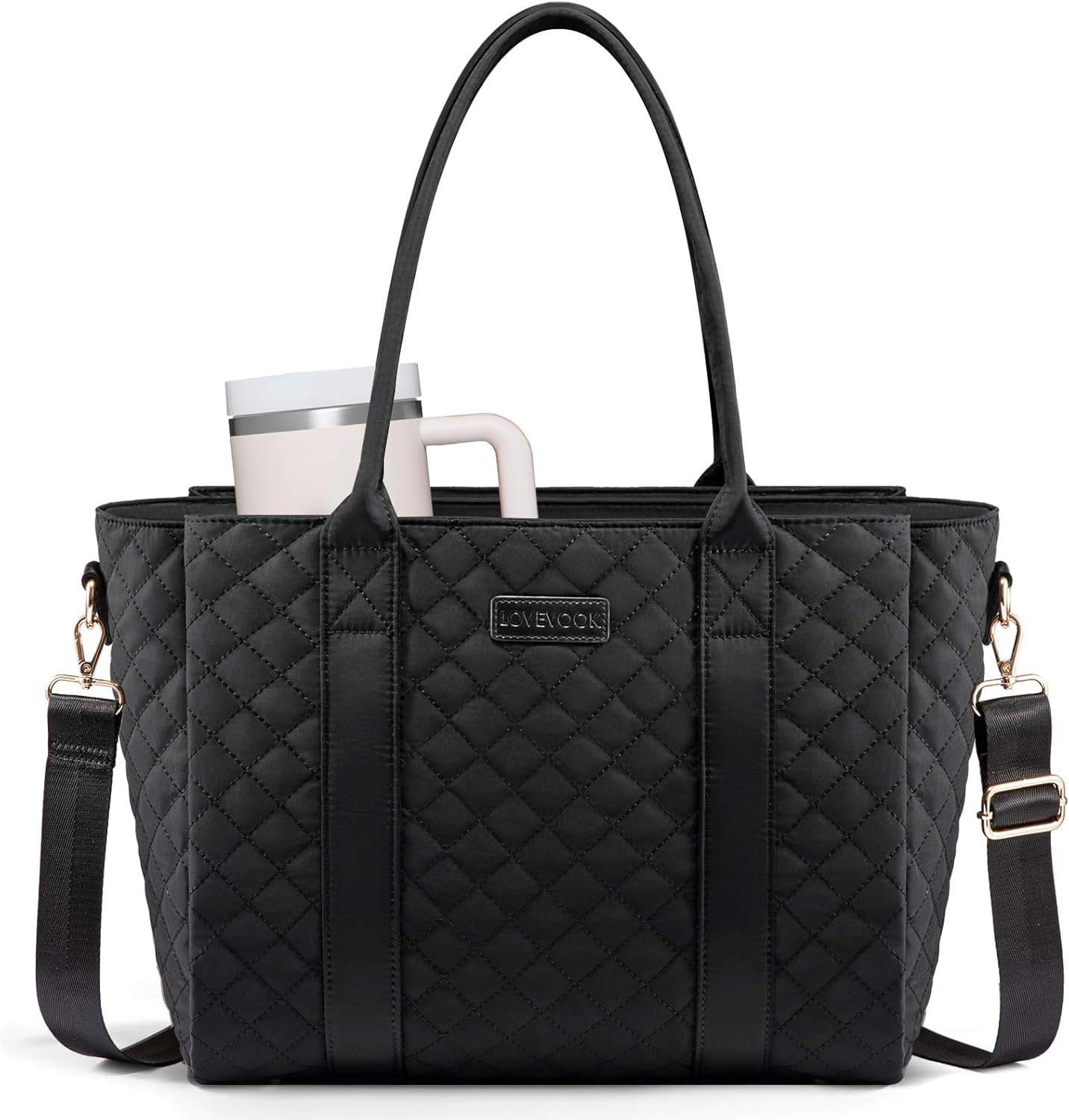 LOVEVOOK Laptop Bag for Women，Work Bag Teacher Tote Bag With Large Cup Holder, Quilted Crossbody bag with Zipper for Travel