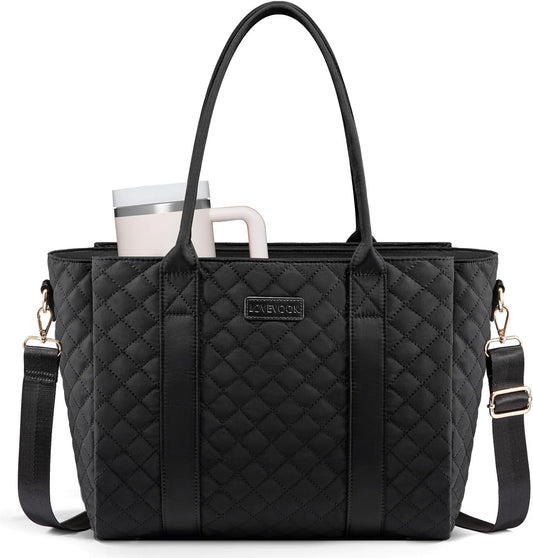 LOVEVOOK Laptop Bag for Women，Work Bag Teacher Tote Bag With Large Cup Holder, Quilted Crossbody bag with Zipper for Travel