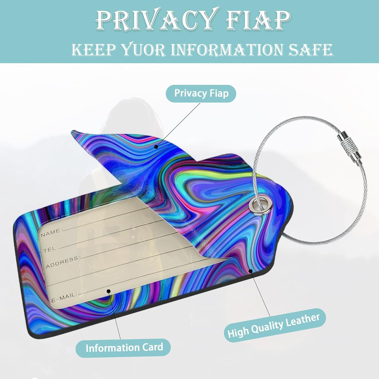 Luggage Tags Set of 2 Colorful Abstract Marble Leather Suitcase Tags with Stainless Steel Loop and Privacy Cover for Women Men Travel Luggage Accessories
