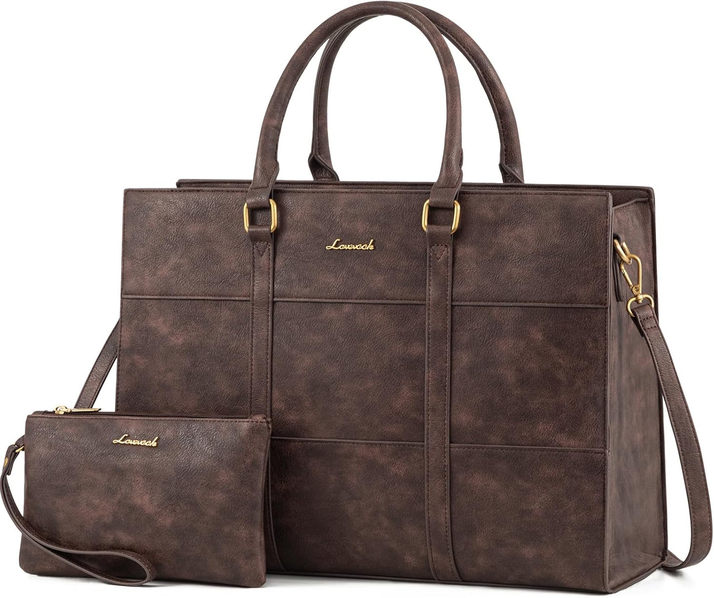 LOVEVOOK Laptop Bag for Women, 15.6 Inch Laptop Tote Bag, Vintage Leather Work Bags for Women, Waterproof Computer bag with Clutch Purse, Large Capacity Briefcase, Business Office Bag