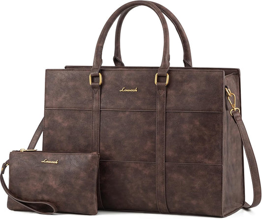 LOVEVOOK Laptop Bag for Women, 15.6 Inch Laptop Tote Bag, Vintage Leather Work Bags for Women, Waterproof Computer bag with Clutch Purse, Large Capacity Briefcase, Business Office Bag