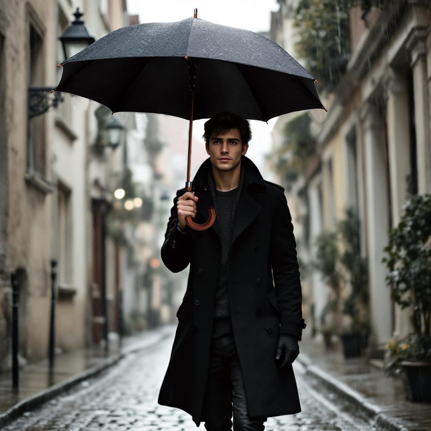 SoulRain 48" Black Umbrella – Stick Windproof Large Umbrellas for Rain, Automatic Open for 2 Persons, Classic Wooden Handle, Durable Travel & Wedding Vintage Cane Umbrella for Men & Women(Black)
