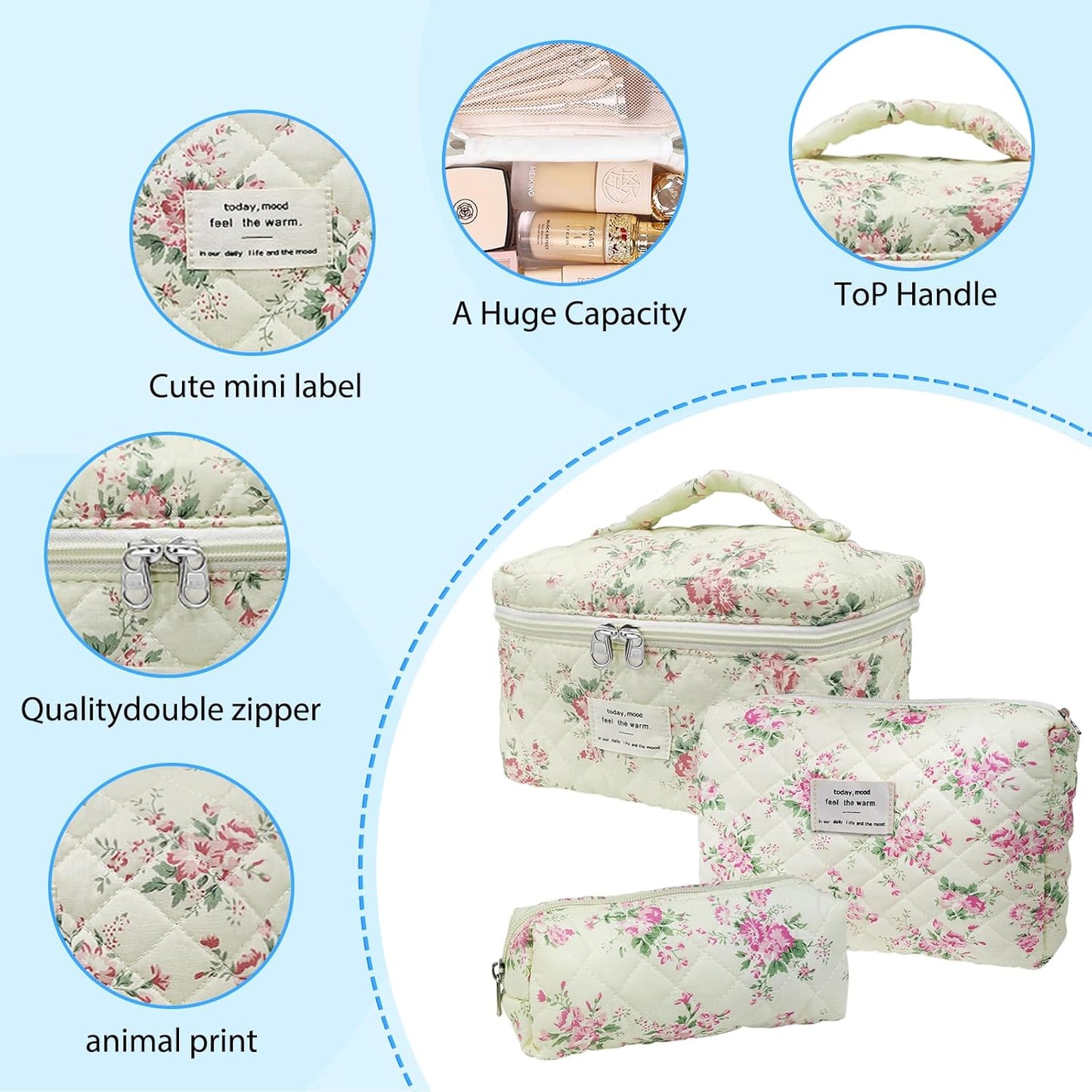 Quilted Makeup Bag, Large Capacity Travel Cosmetic Bag for Women and Girls, Aesthetic Storage, Suitable for Daily and Travel Use (3pcs-PinkRose)