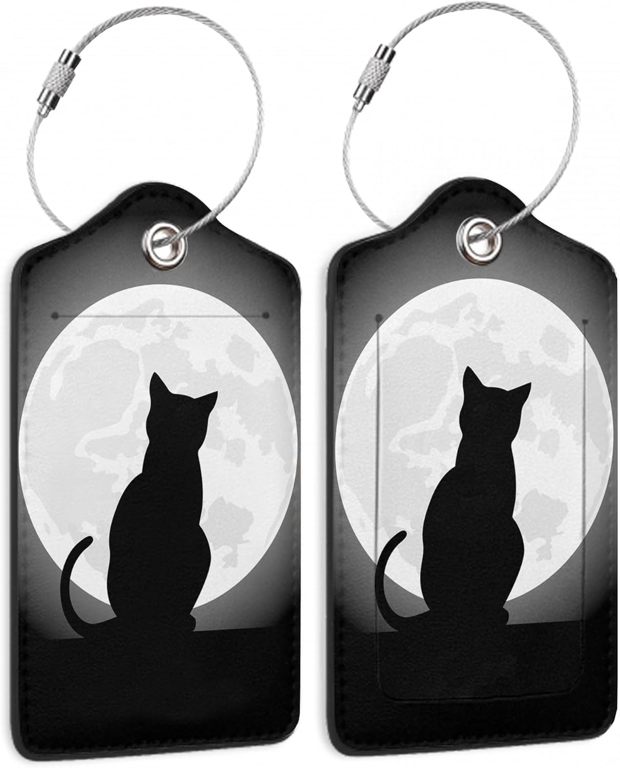 Halloween Luggage Tag,Black Cat Moon Luggage Tags of Set 2 Leather Identifiers Privacy Cover with Stainless Steel Loop for Women Men Travel Bag Suitcase