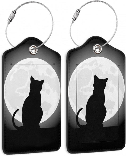 Halloween Luggage Tag,Black Cat Moon Luggage Tags of Set 2 Leather Identifiers Privacy Cover with Stainless Steel Loop for Women Men Travel Bag Suitcase