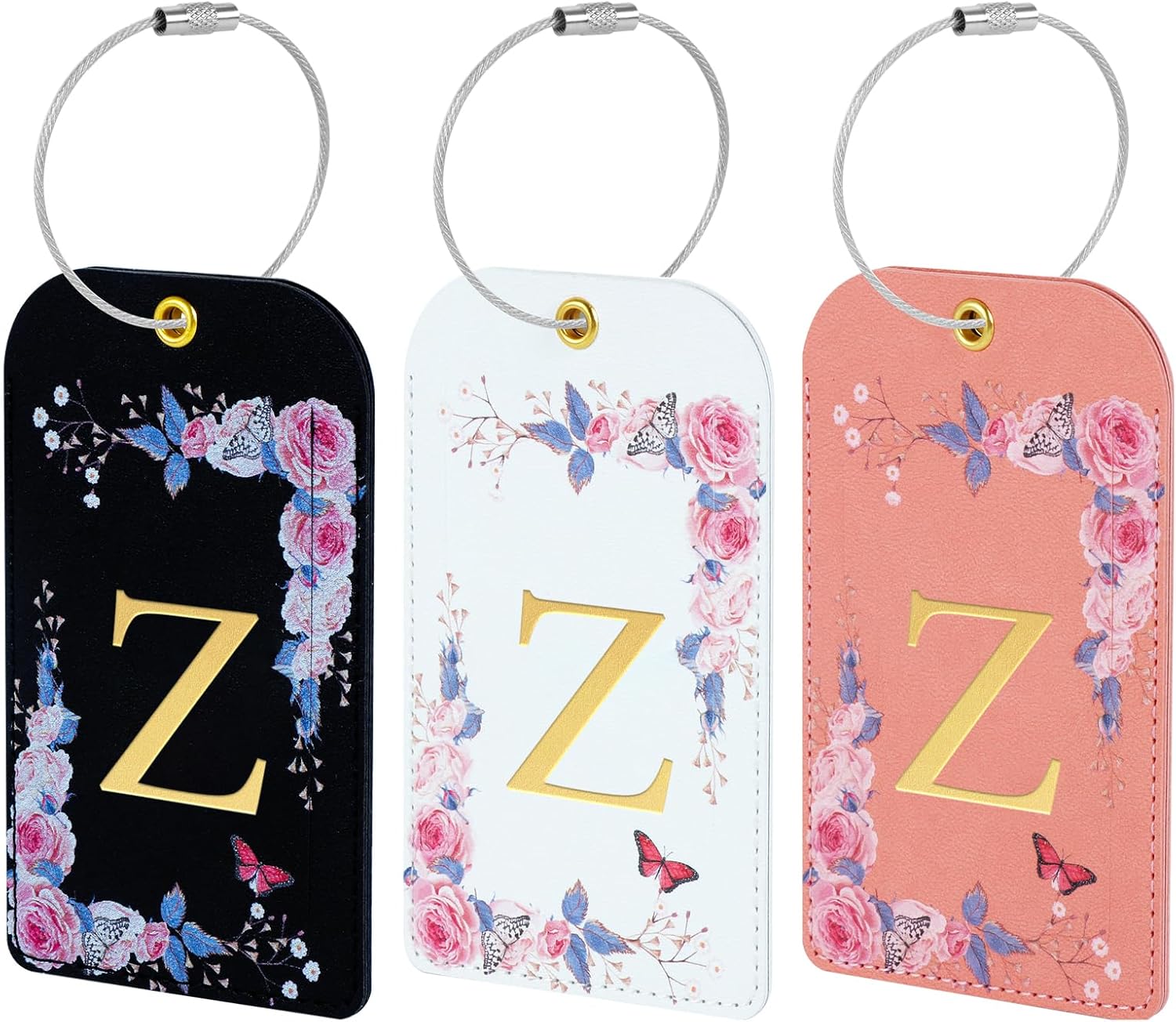 3 Pack Luxury Floral Luggage Tags, Durable PU Leather Suitcase Tags with Stainless Steel Cable