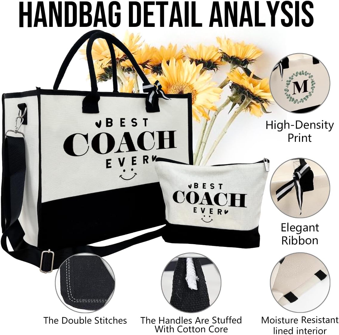 SUSZDOU Gifts for Best Coach Ever - Canvas Beach Tote Bag with Matching Makeup Pouch, Durable Travel Gym Camping Bag, Thank You Gift for Sports Coach, Female Trainers Gifts for Women