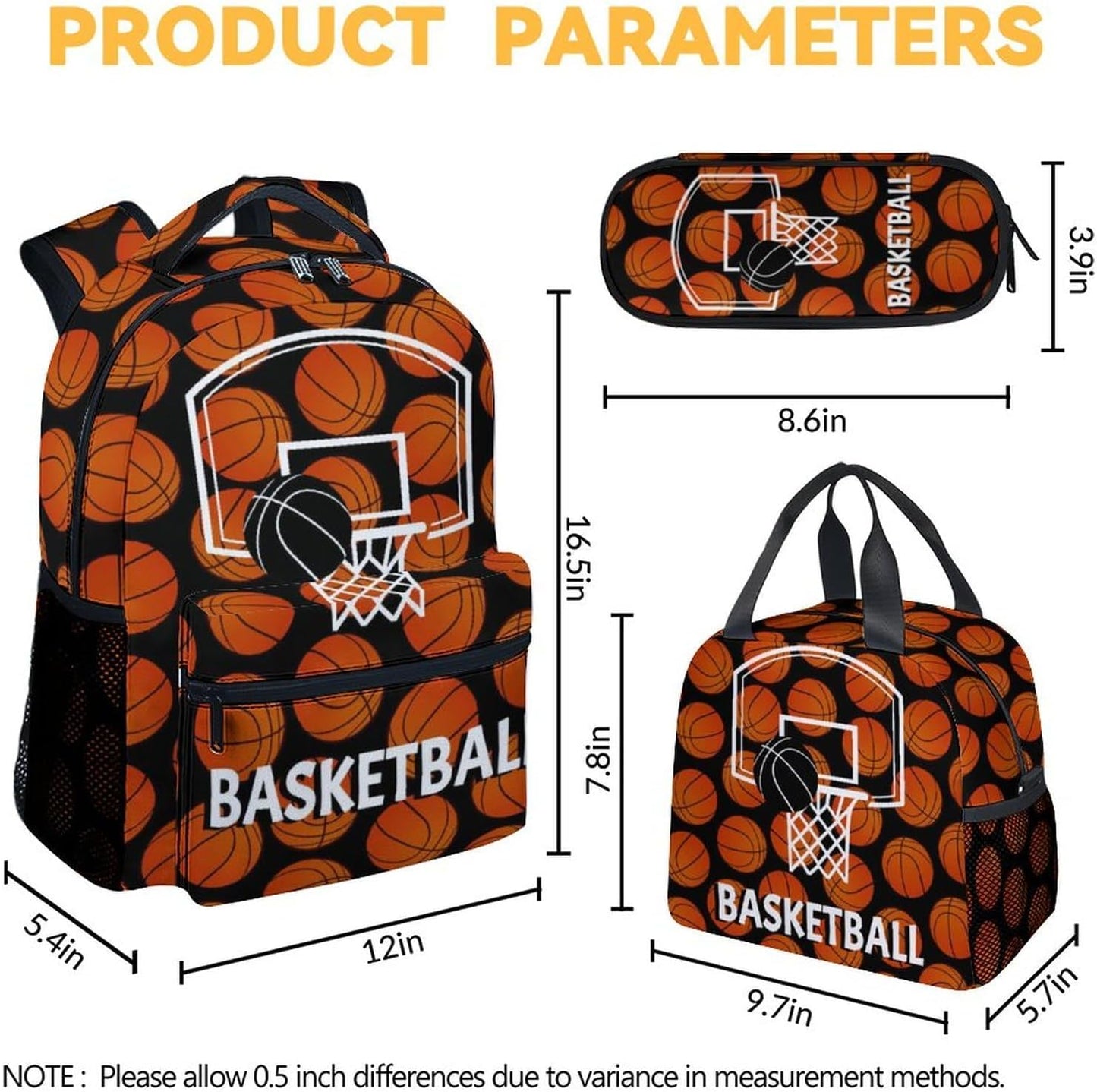 Mercuryelf Basketball Backpack with Lunch Box And Pencil Case, Elementary Kindergarten School Preschool Bookbag for Boys Girls Kids, Set of 3