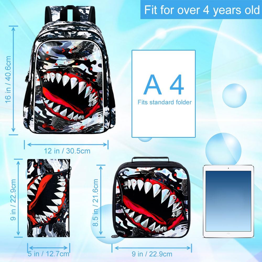 3Pcs Backpack for Boys, 16" Shark Kids Bookbag with Lunch Box, School Backpacks for Elementary Preschool Kindergarten (Black)