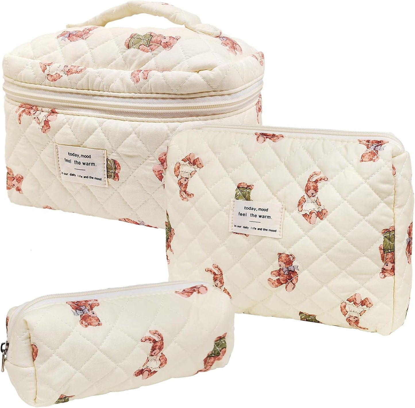 Quilted Makeup Bag, Large Capacity Travel Cosmetic Bag for Women and Girls, Aesthetic Storage for Daily and Travel Use (3pcs-Littlebear)